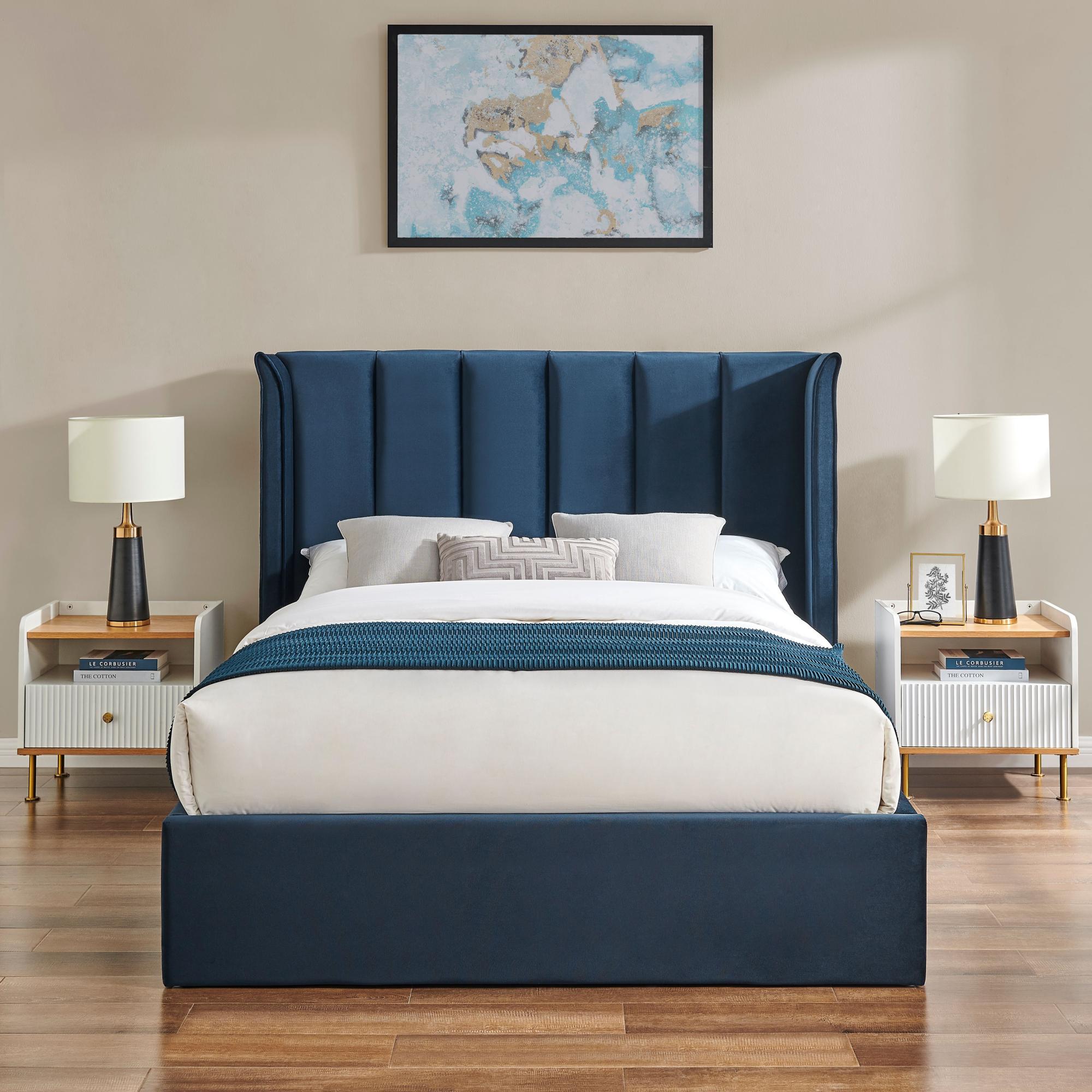 Product photograph of Polaris Navy Blue Fabric Ottoman Bed - Sizes Available from Choice Furniture Superstore.