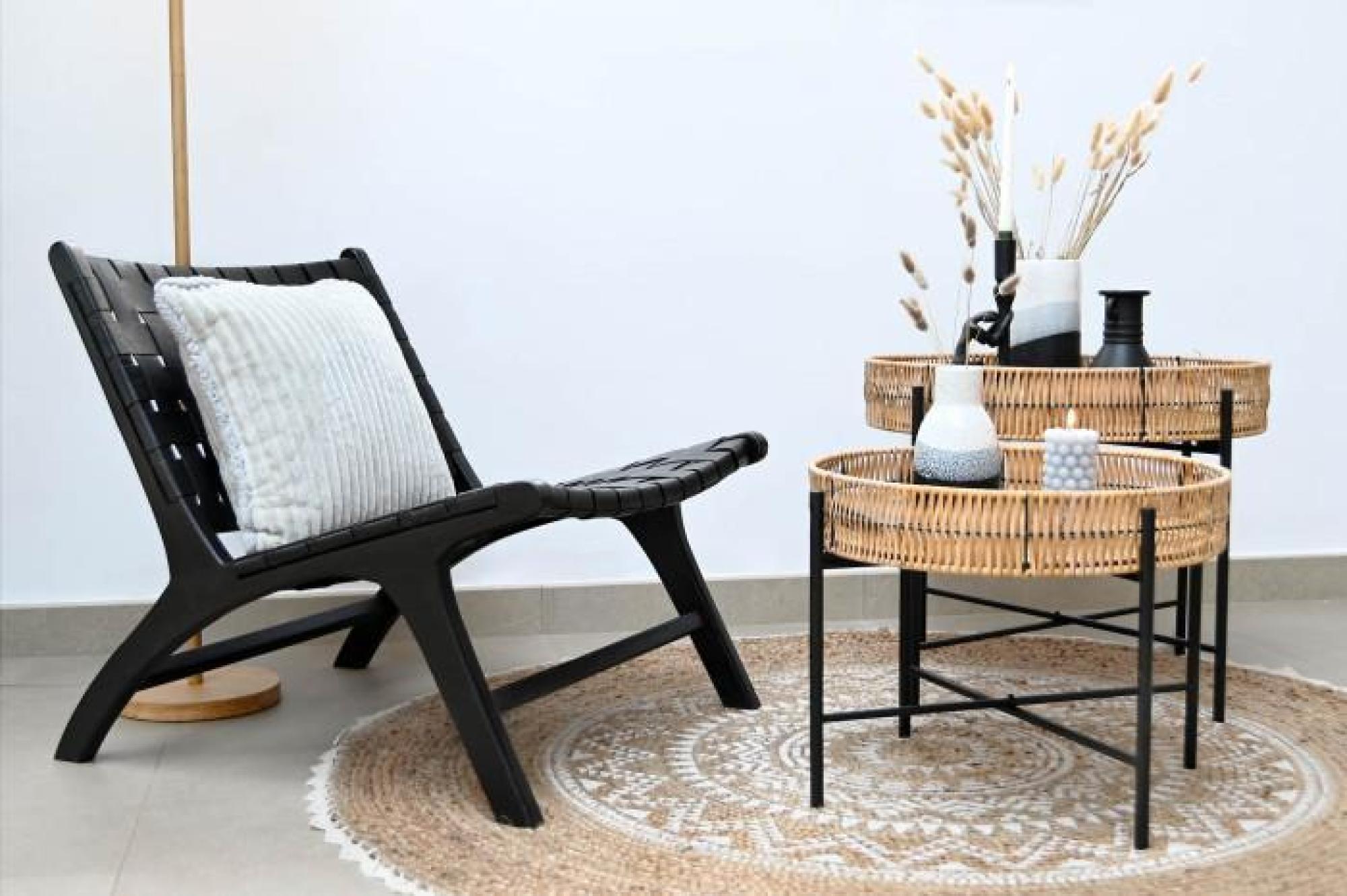 Product photograph of Teak Wood And Black Leather Outdoor Chair from Choice Furniture Superstore.