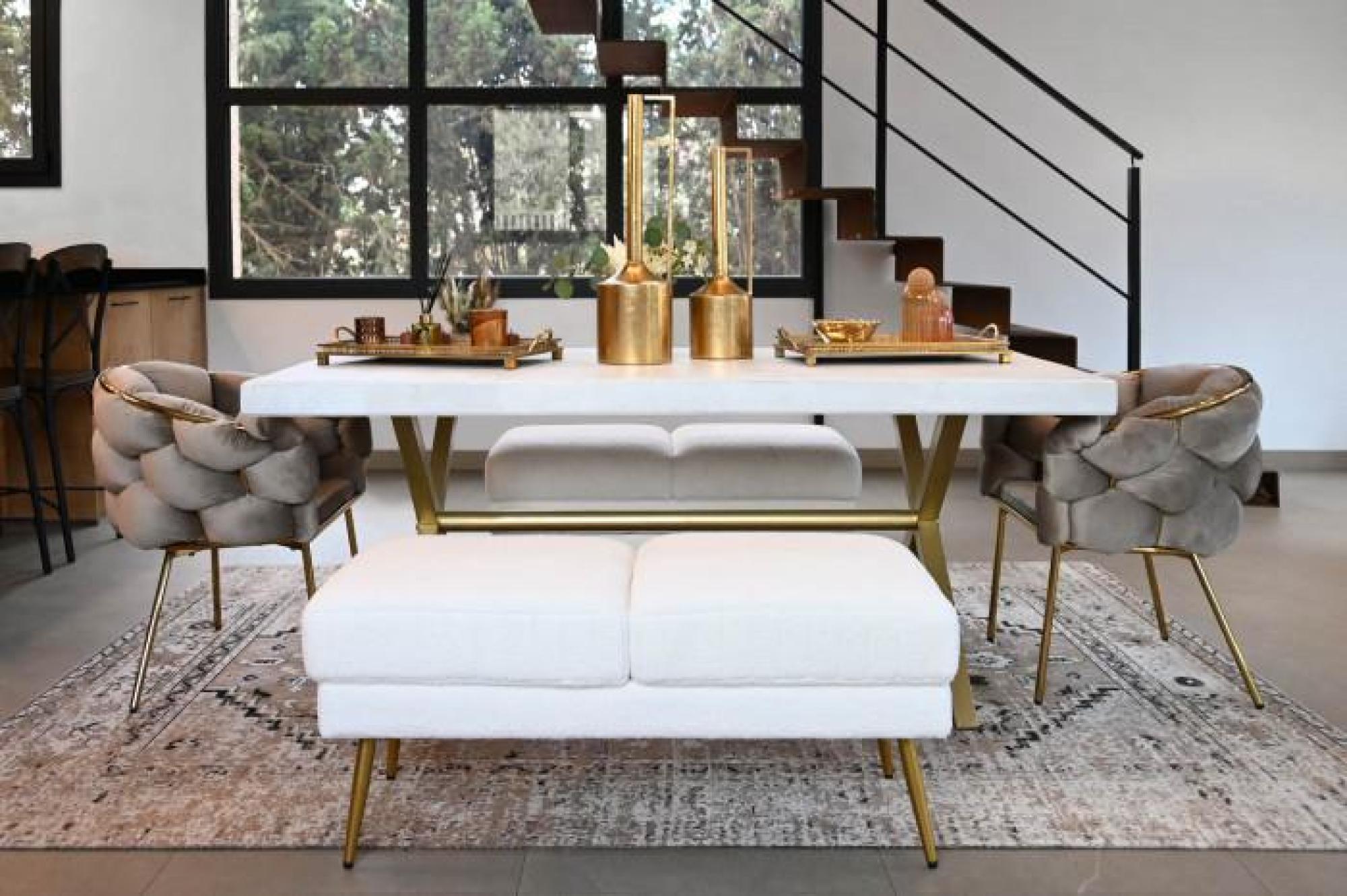 Product photograph of Yanam White 6 Seater Dining Table With Gold Cross Legs from Choice Furniture Superstore.