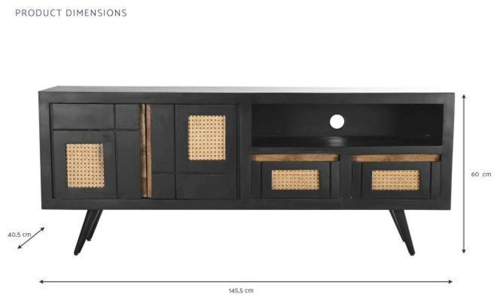 Product photograph of Marseille Black Mango Wood And Rattan 145 5cm Tv Unit from Choice Furniture Superstore.