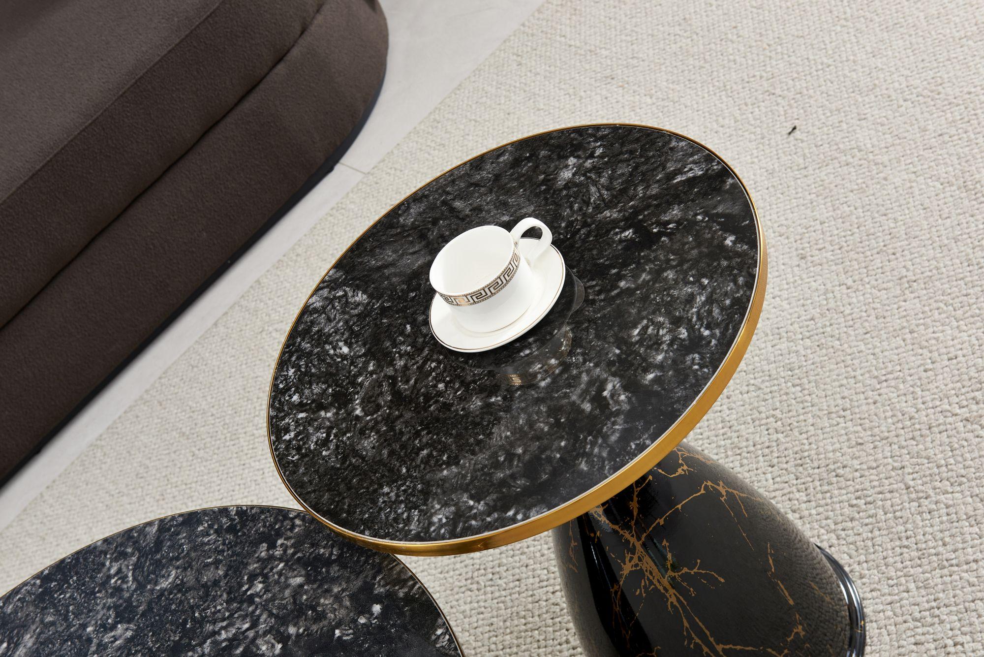 Product photograph of Hourglass Grey Ceramic Round Side Table With Black Base And Gold Trim from Choice Furniture Superstore.