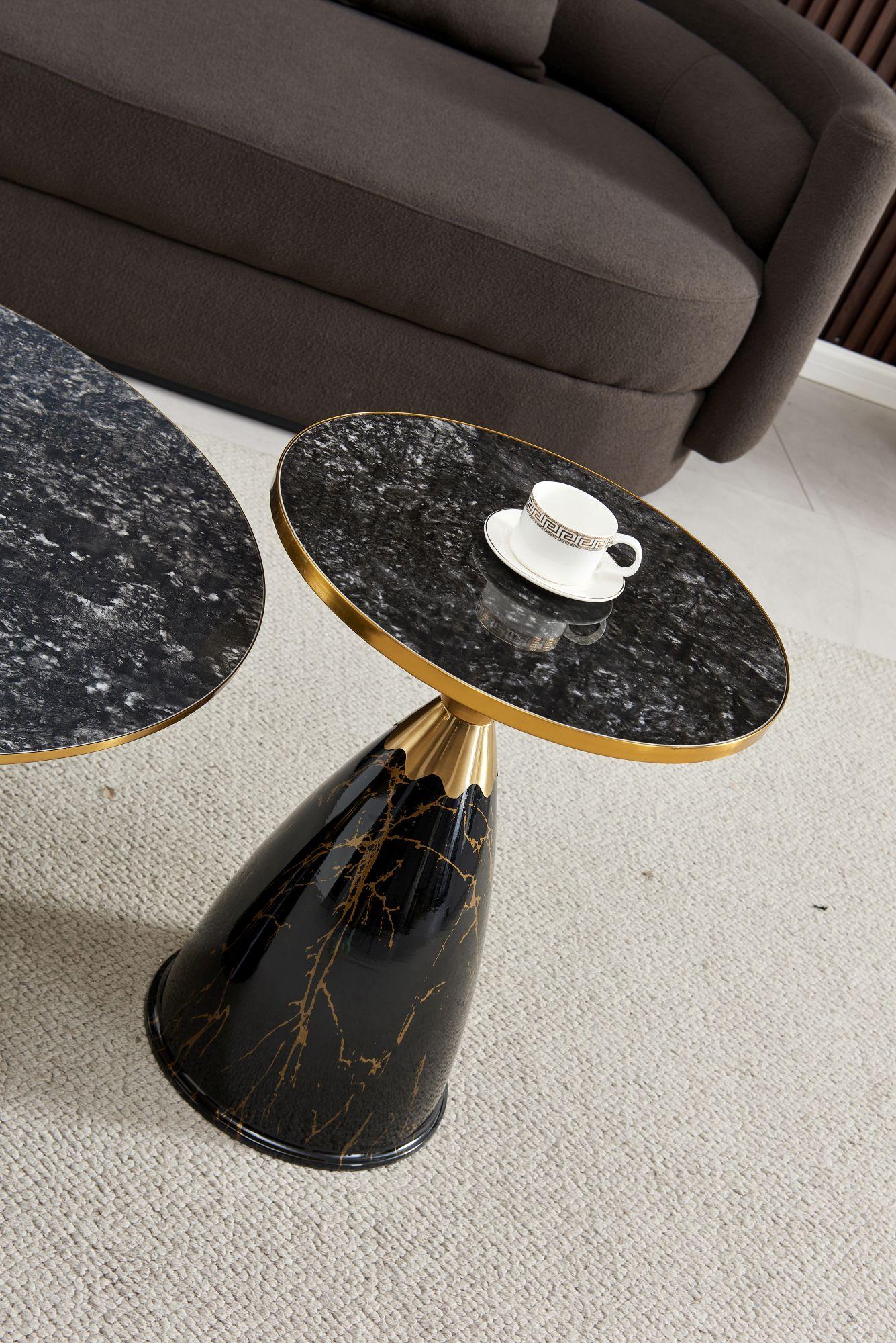 Product photograph of Hourglass Grey Ceramic Round Side Table With Black Base And Gold Trim from Choice Furniture Superstore.