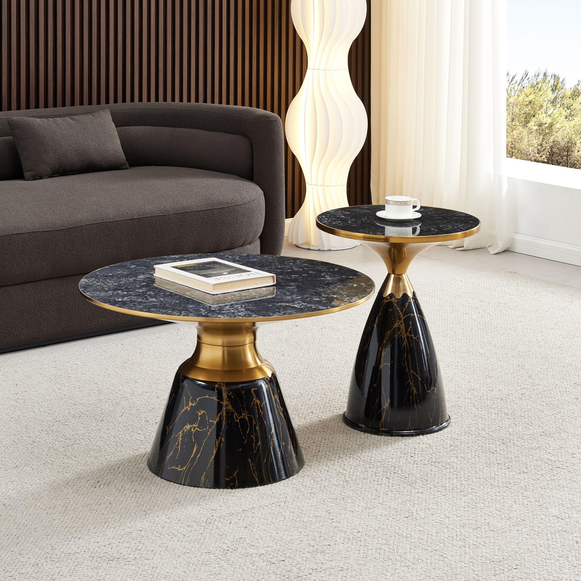 Product photograph of Hourglass Grey Ceramic Round Side Table With Black Base And Gold Trim from Choice Furniture Superstore.