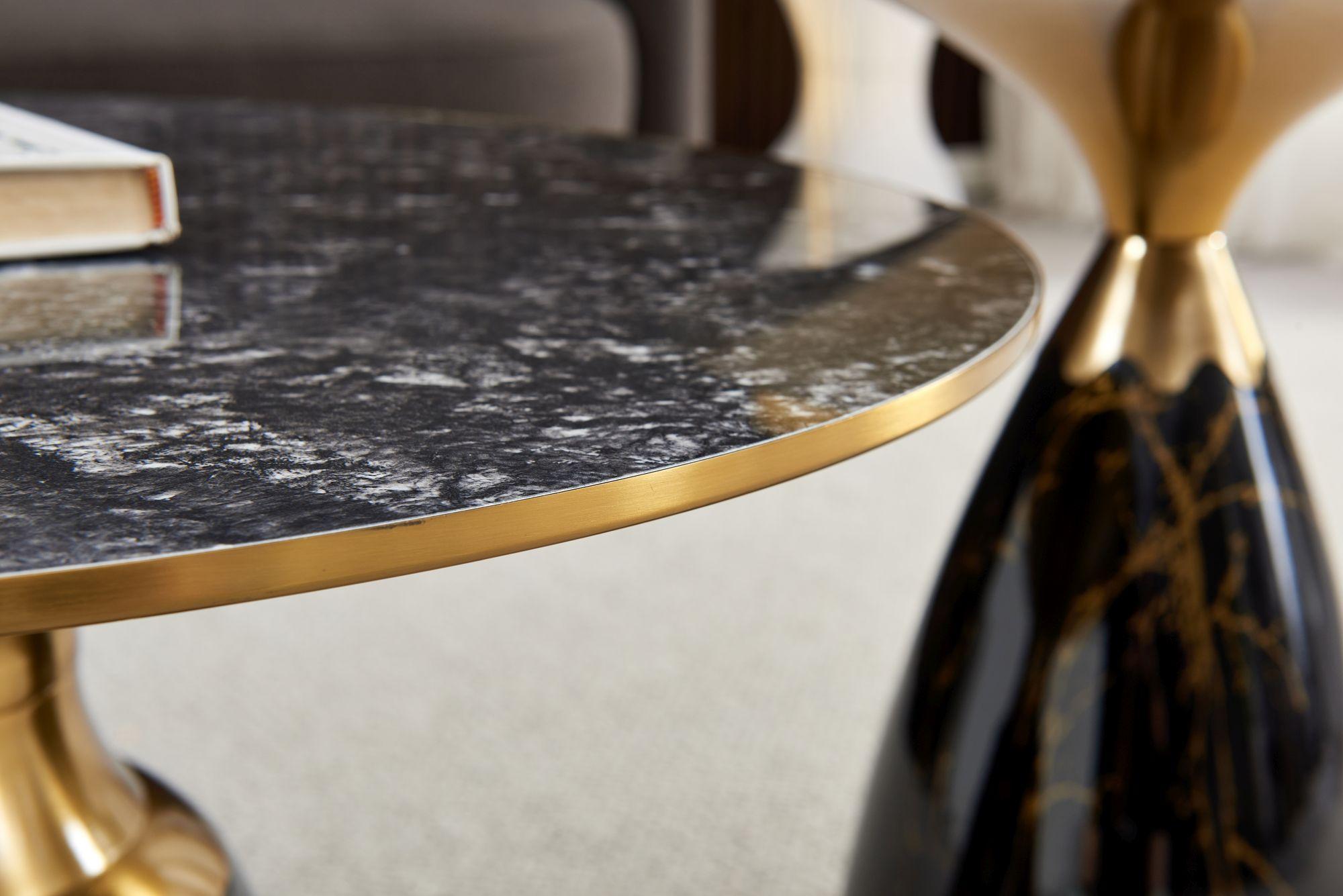 Product photograph of Hourglass Grey Ceramic Round Coffee Table With Black Base And Gold Trim from Choice Furniture Superstore.