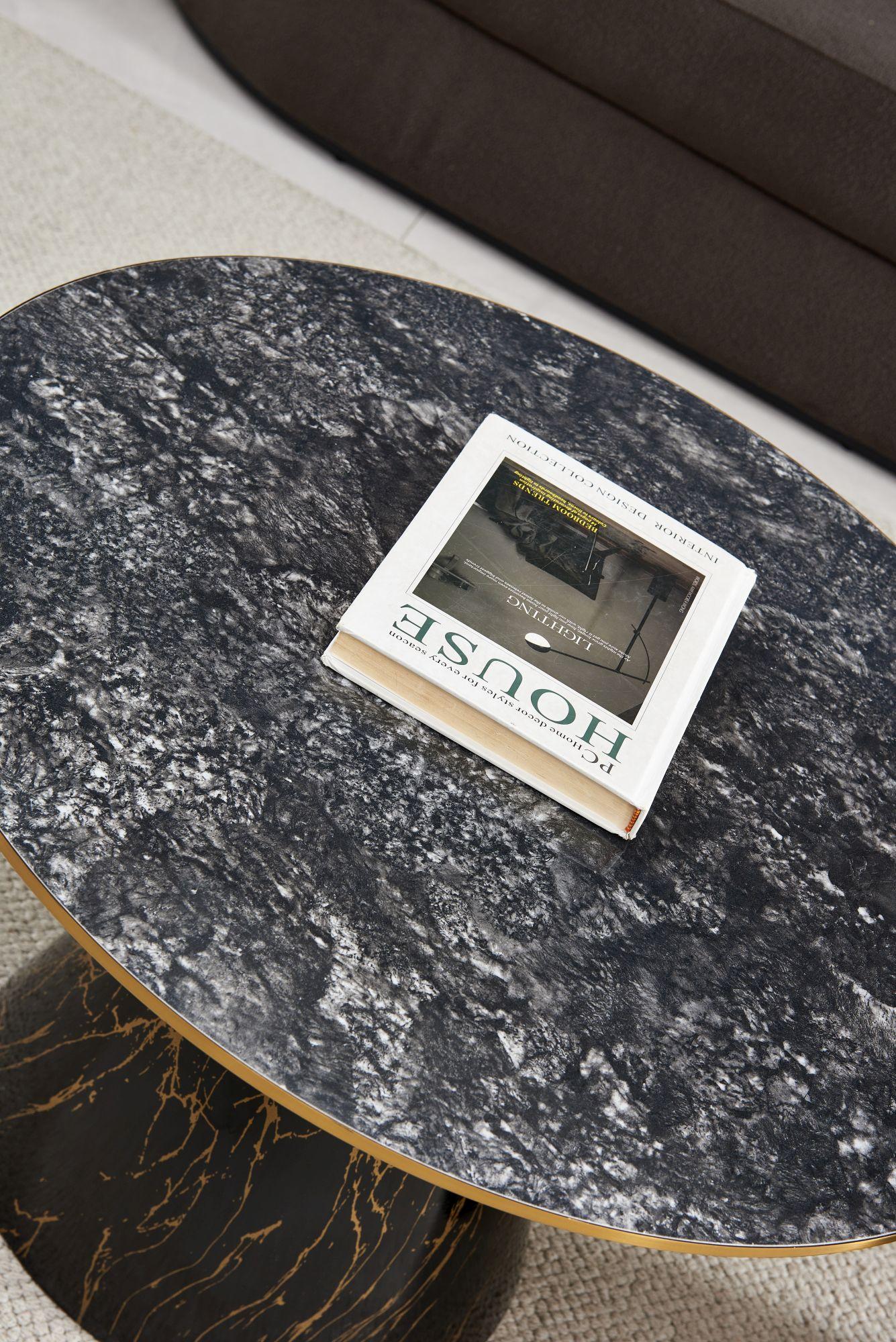 Product photograph of Hourglass Grey Ceramic Round Coffee Table With Black Base And Gold Trim from Choice Furniture Superstore.