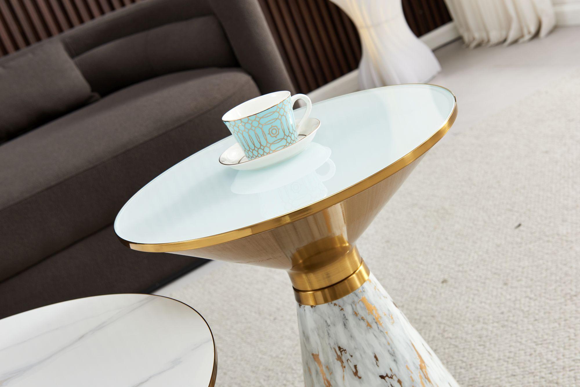 Product photograph of Funnel White Ceramic Round Side Table With White And Gold Trim from Choice Furniture Superstore.