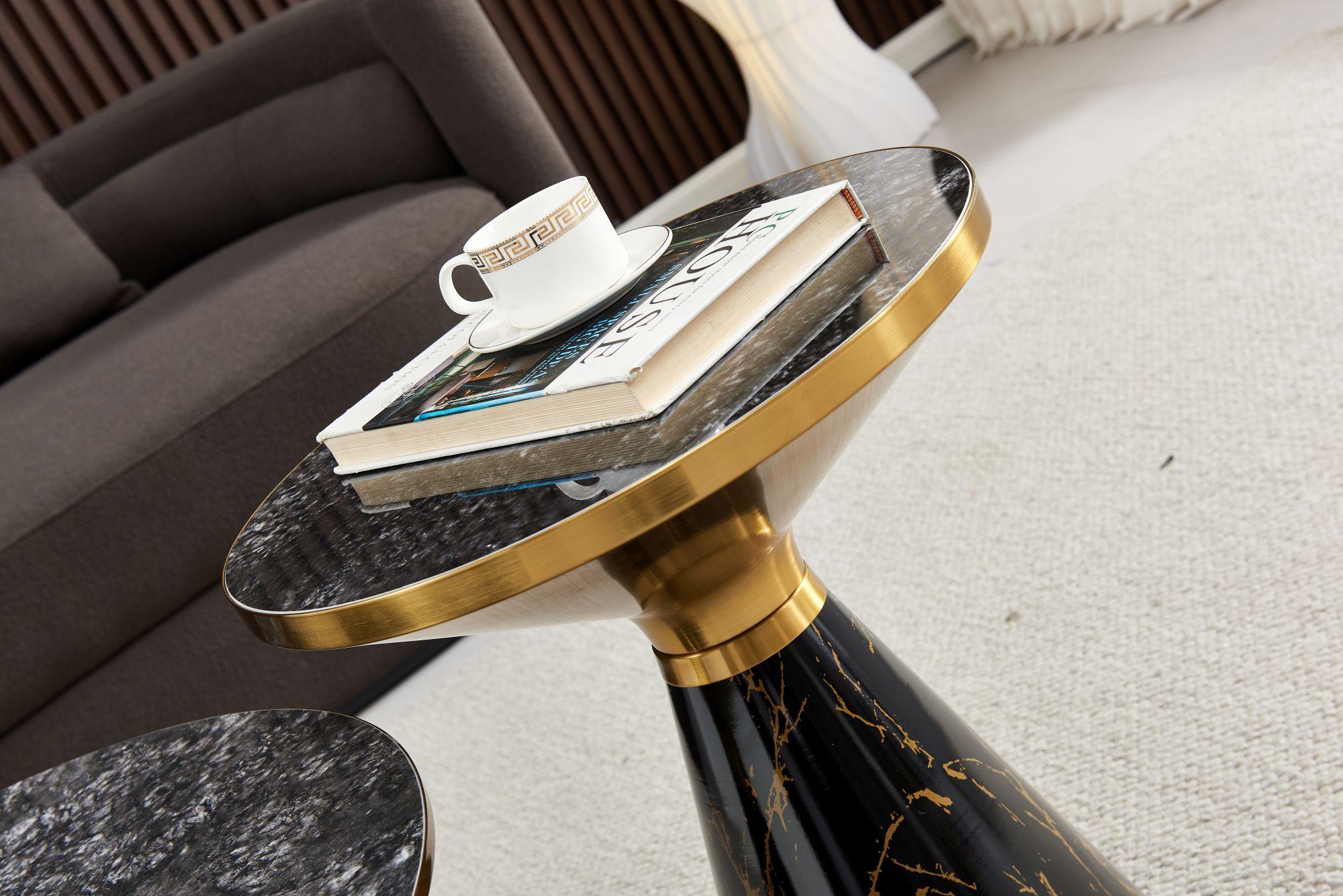 Product photograph of Funnel Black Ceramic Round Side Table With Gold Trim from Choice Furniture Superstore.