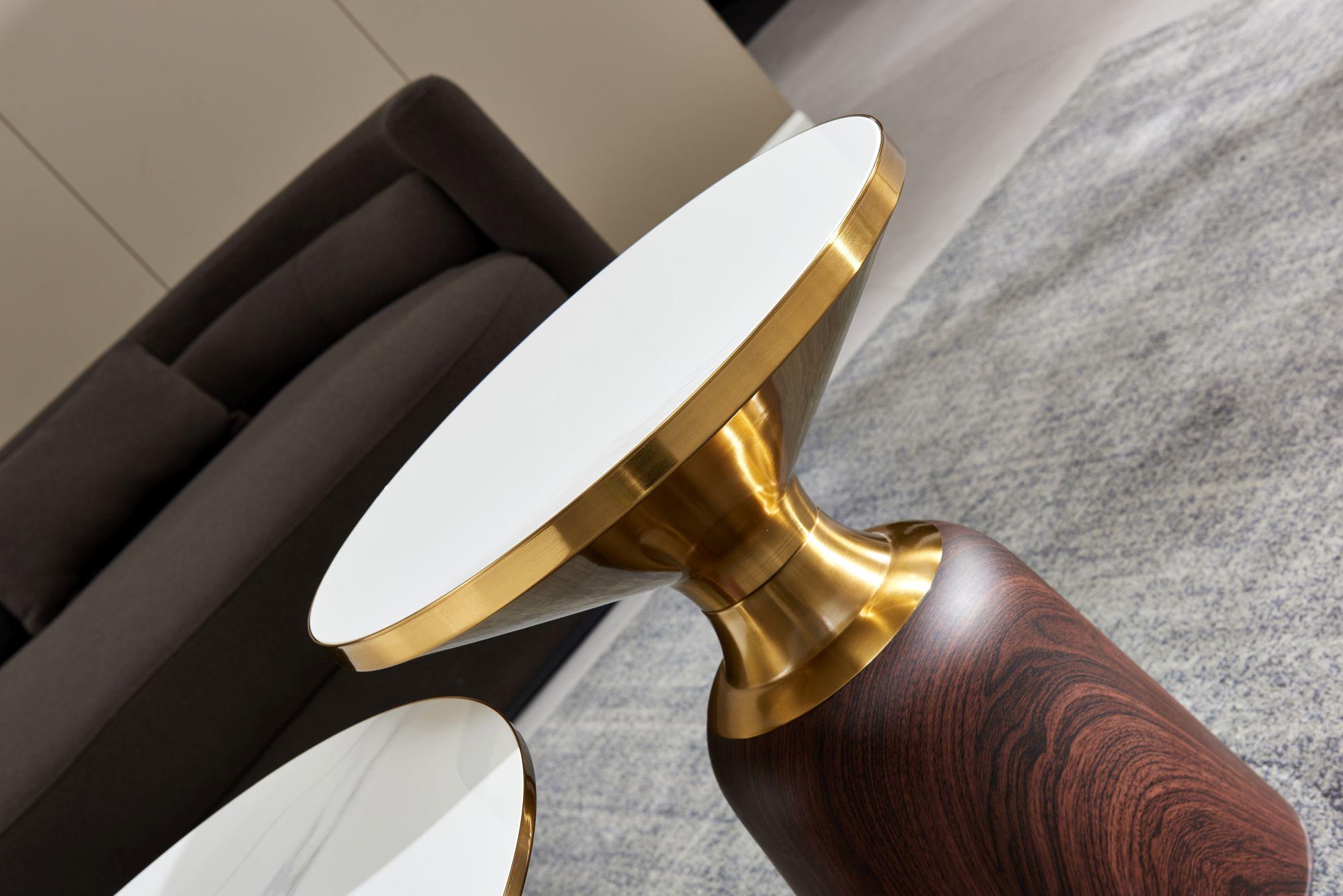 Product photograph of Hourglass White Ceramic Round Side Table With Walnut Base And Gold Trim from Choice Furniture Superstore.