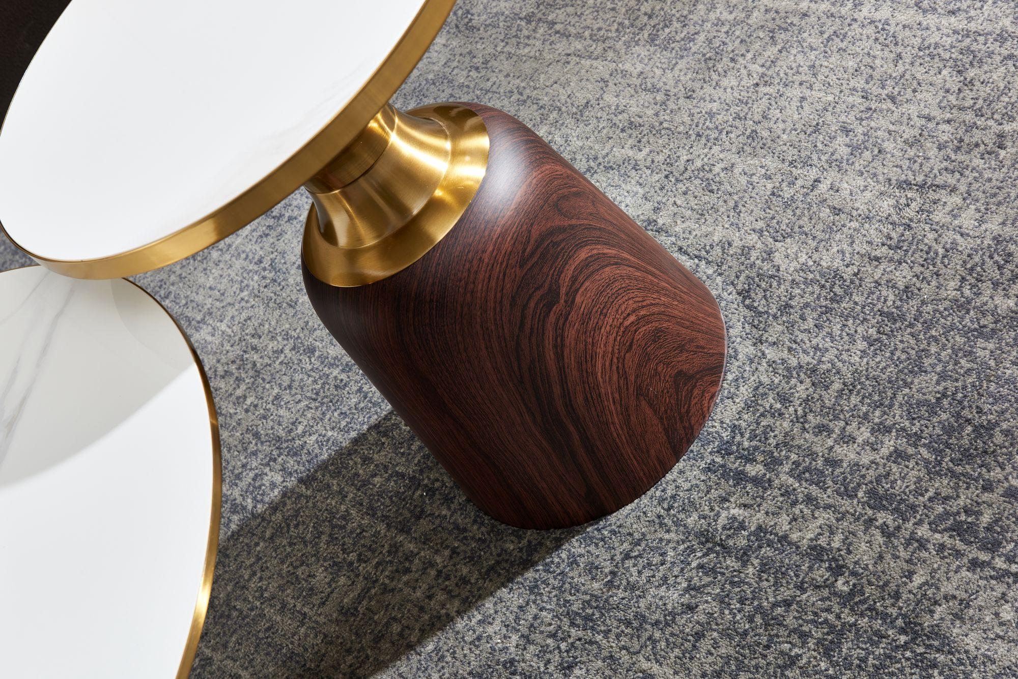 Product photograph of Hourglass White Ceramic Round Side Table With Walnut Base And Gold Trim from Choice Furniture Superstore.