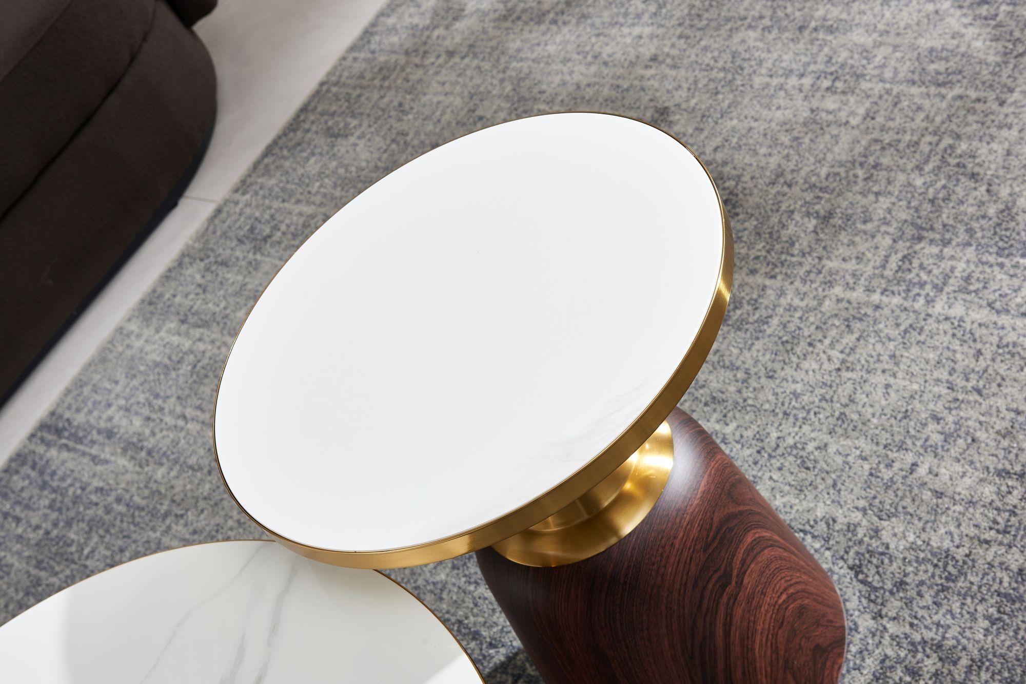 Product photograph of Hourglass White Ceramic Round Side Table With Walnut Base And Gold Trim from Choice Furniture Superstore.