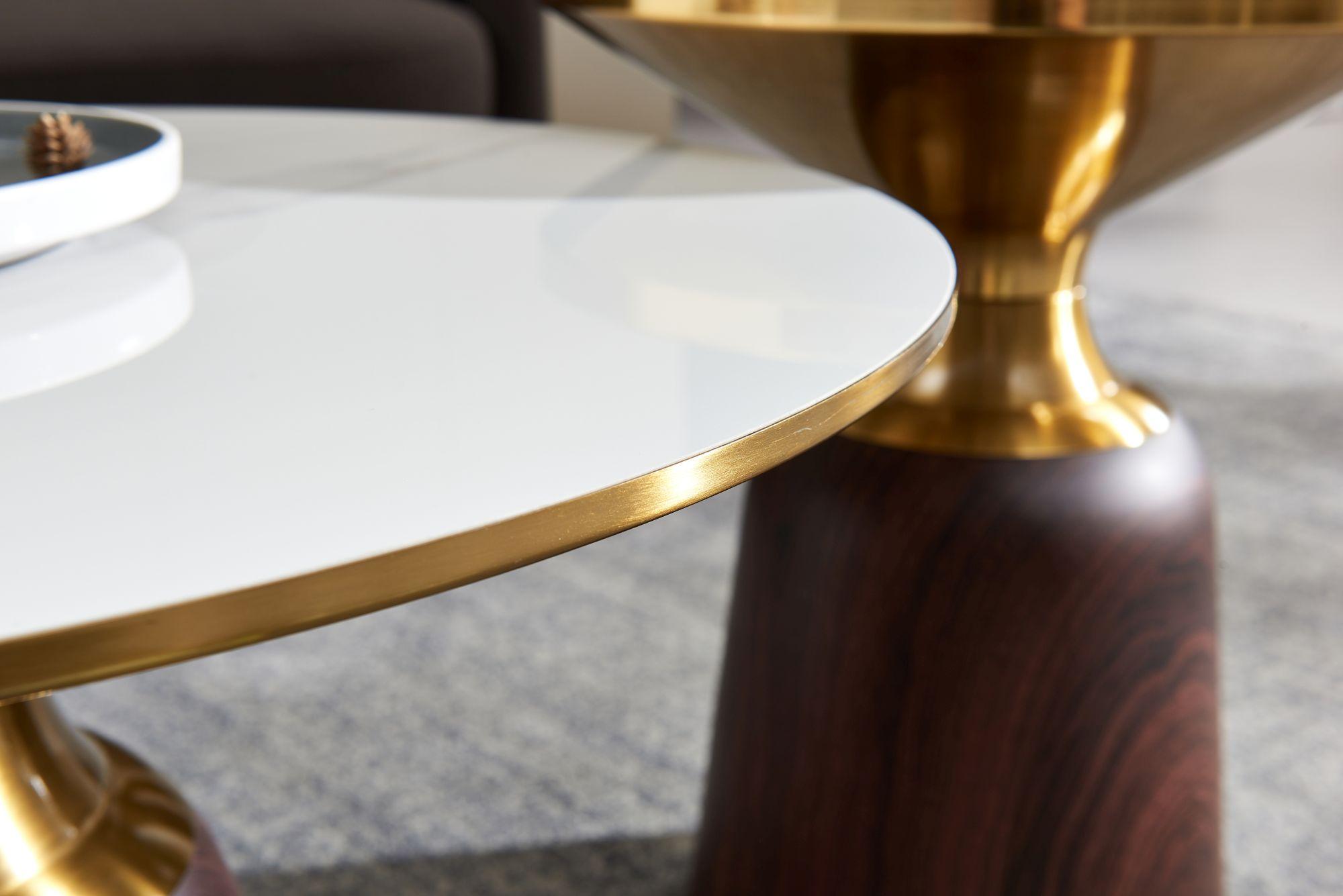 Product photograph of Hourglass White Ceramic Round Coffee Table With Walnut Base And Gold Trim from Choice Furniture Superstore.