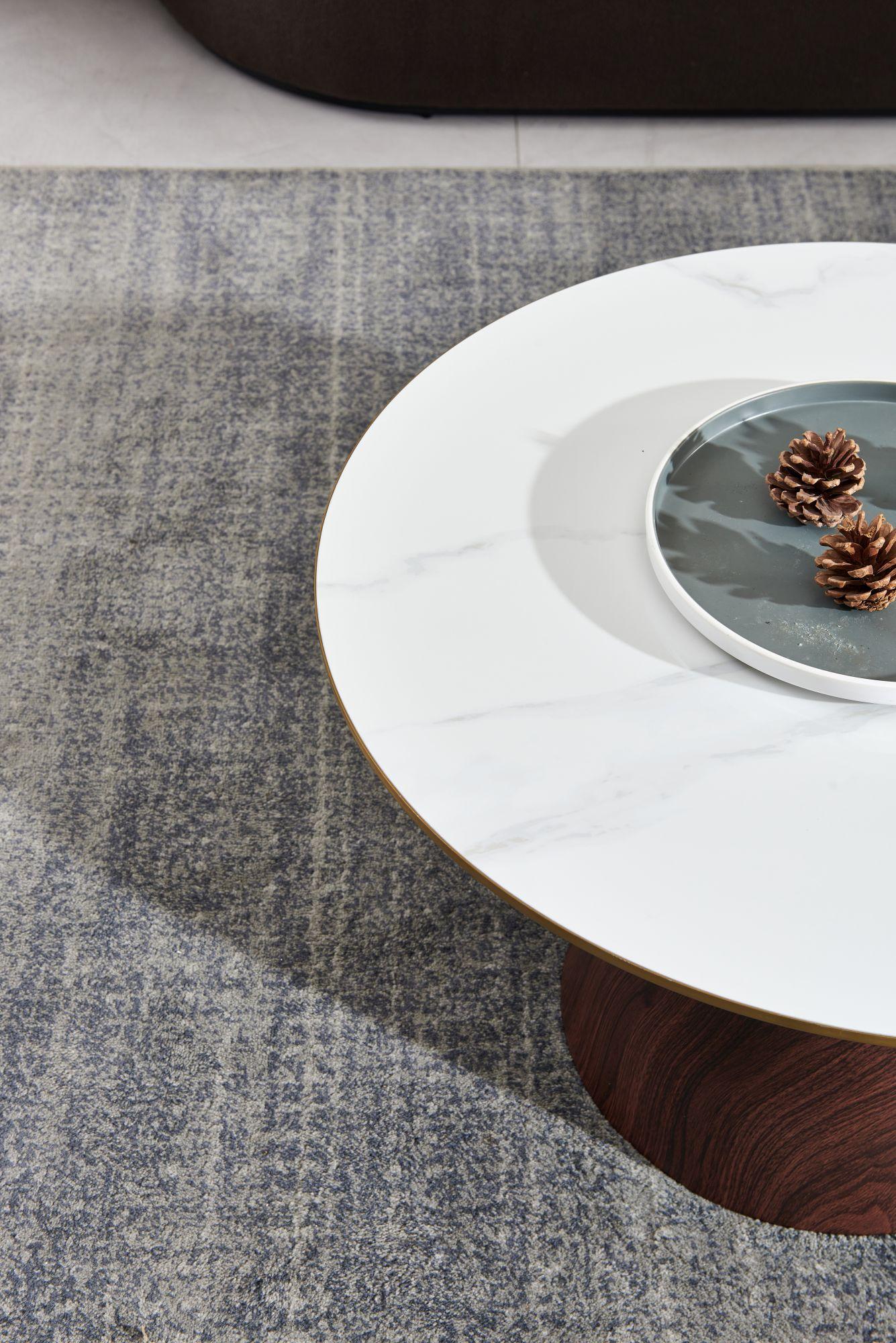 Product photograph of Hourglass White Ceramic Round Coffee Table With Walnut Base And Gold Trim from Choice Furniture Superstore.