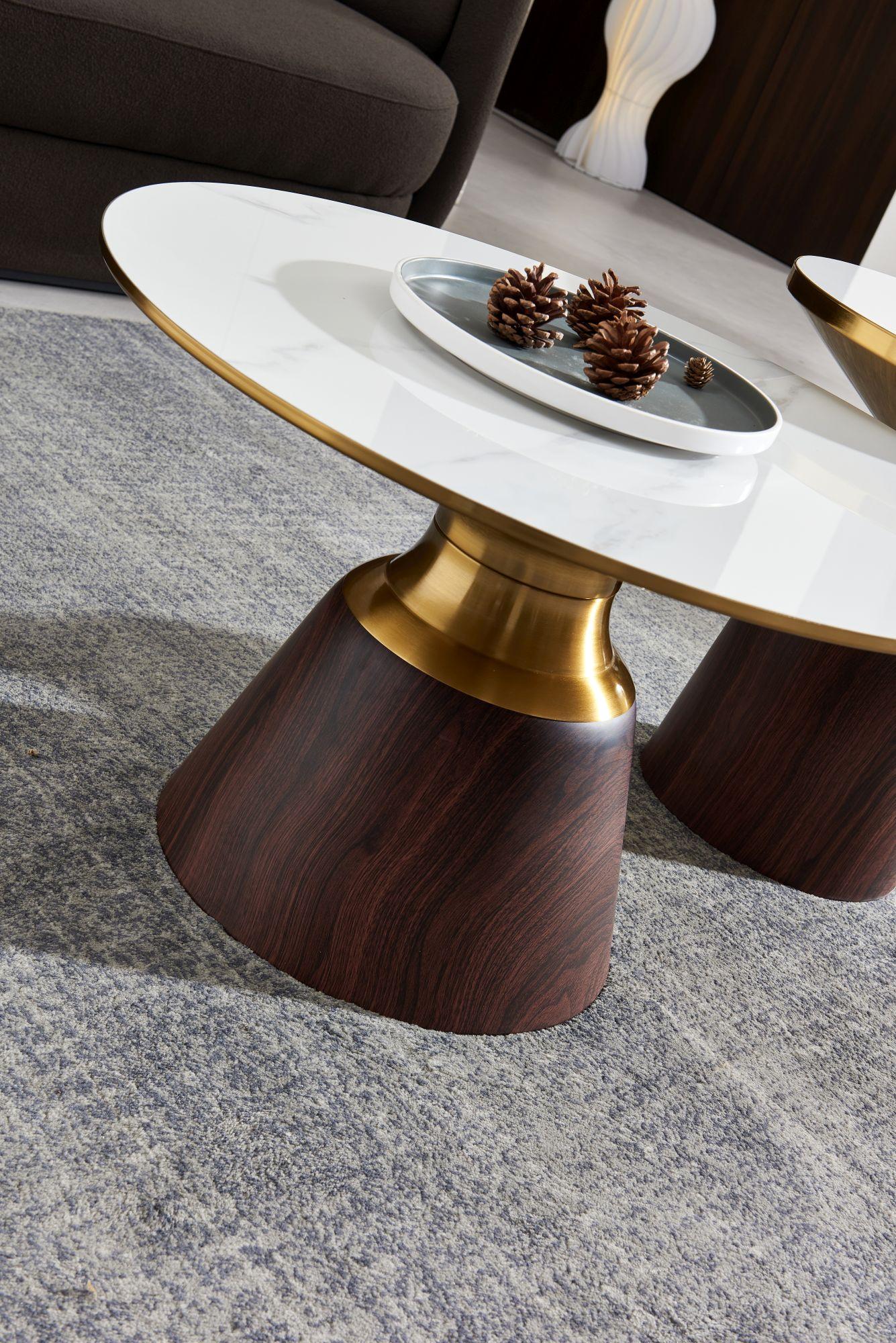 Product photograph of Hourglass White Ceramic Round Coffee Table With Walnut Base And Gold Trim from Choice Furniture Superstore.