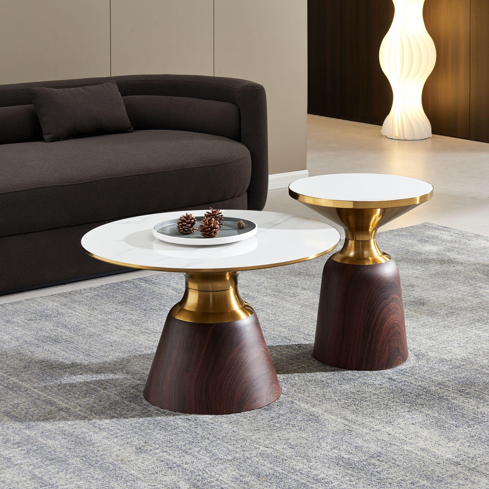 Product photograph of Hourglass White Ceramic Round Coffee Table With Walnut Base And Gold Trim from Choice Furniture Superstore.