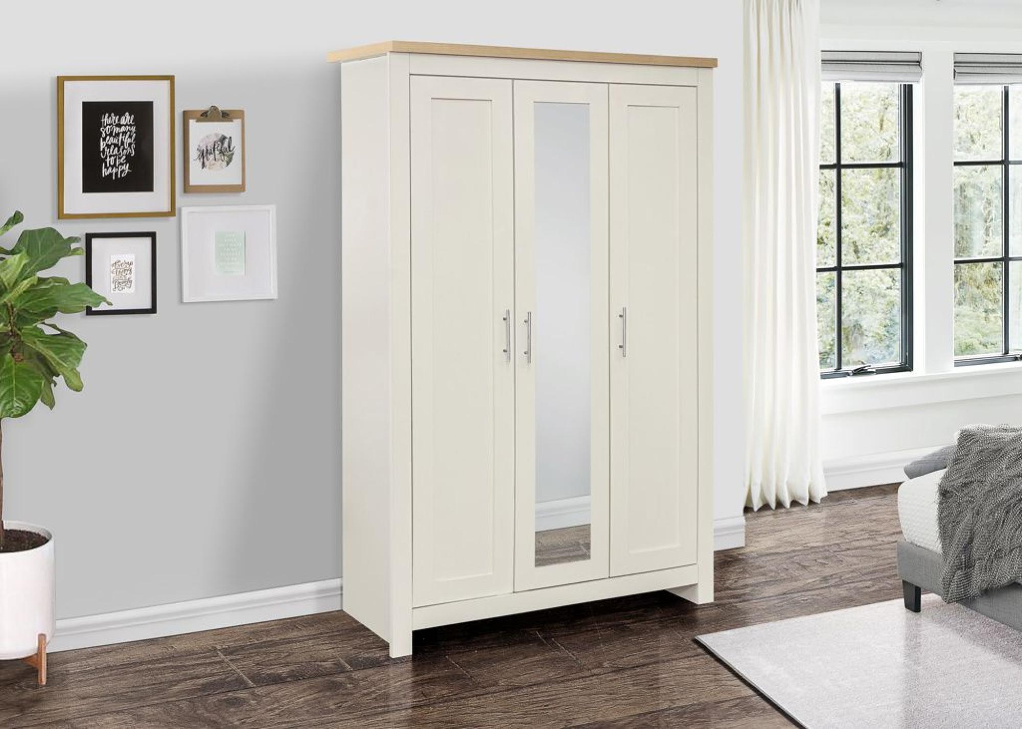 Product photograph of Highgate Cream And Oak Effect 3 Door Wardrobe With Mirror from Choice Furniture Superstore.