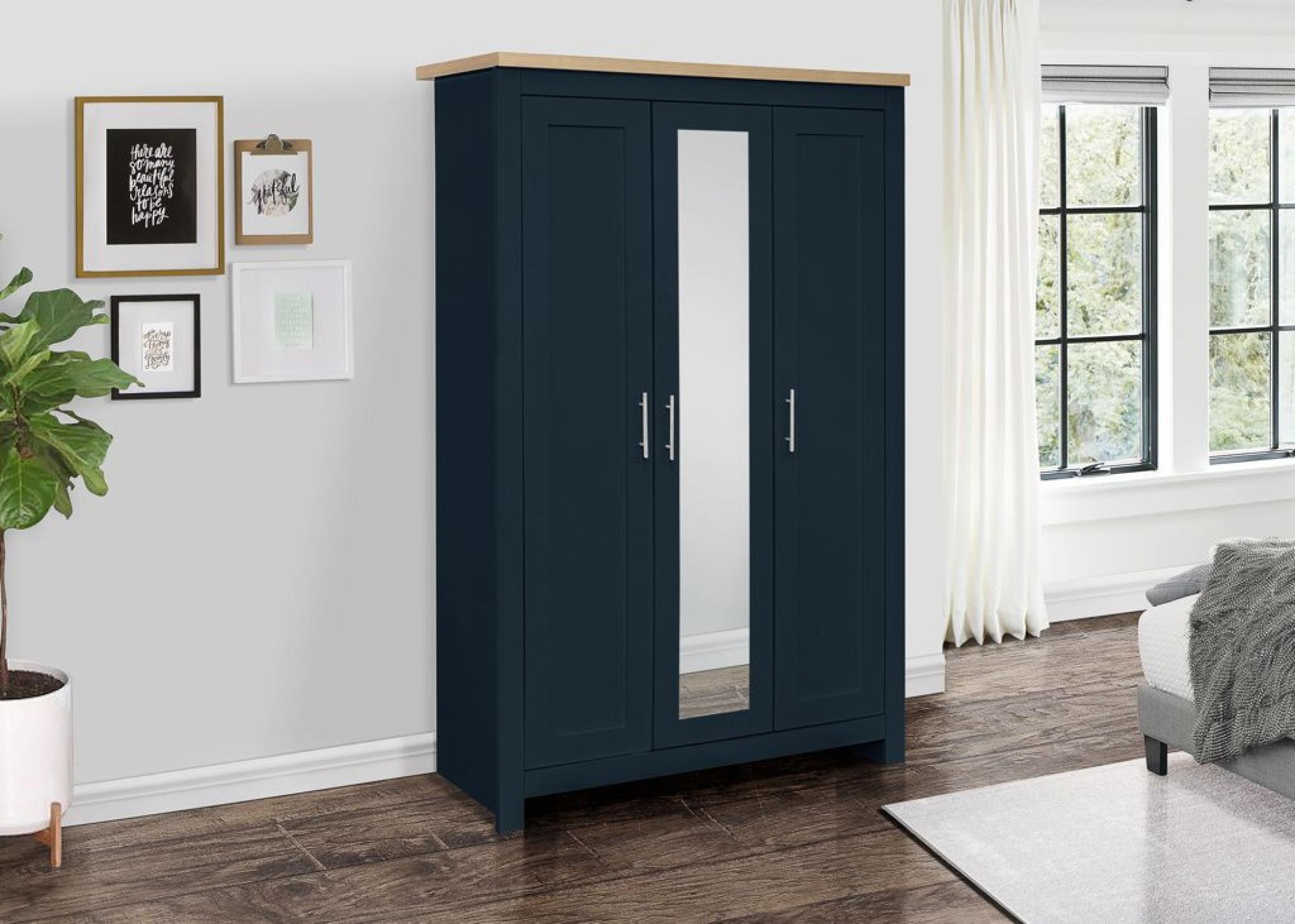 Product photograph of Highgate Navy Blue And Oak Effect 3 Door Wardrobe With Mirror from Choice Furniture Superstore.