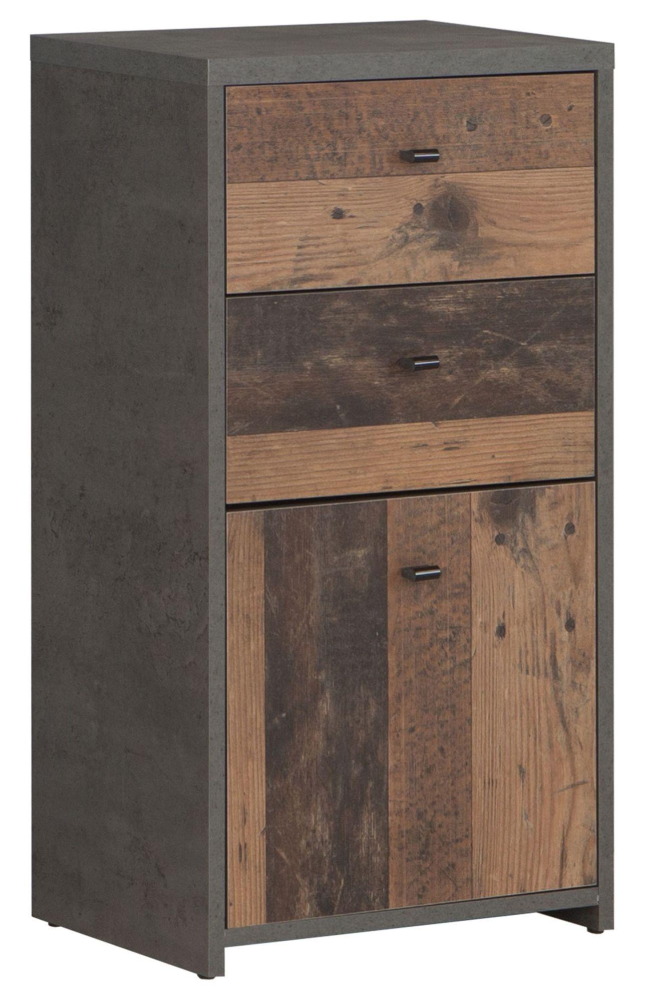 Product photograph of Best Grey Concrete Effect And Vintage Wood 2 Drawer 1 Door Narrow Chest from Choice Furniture Superstore.