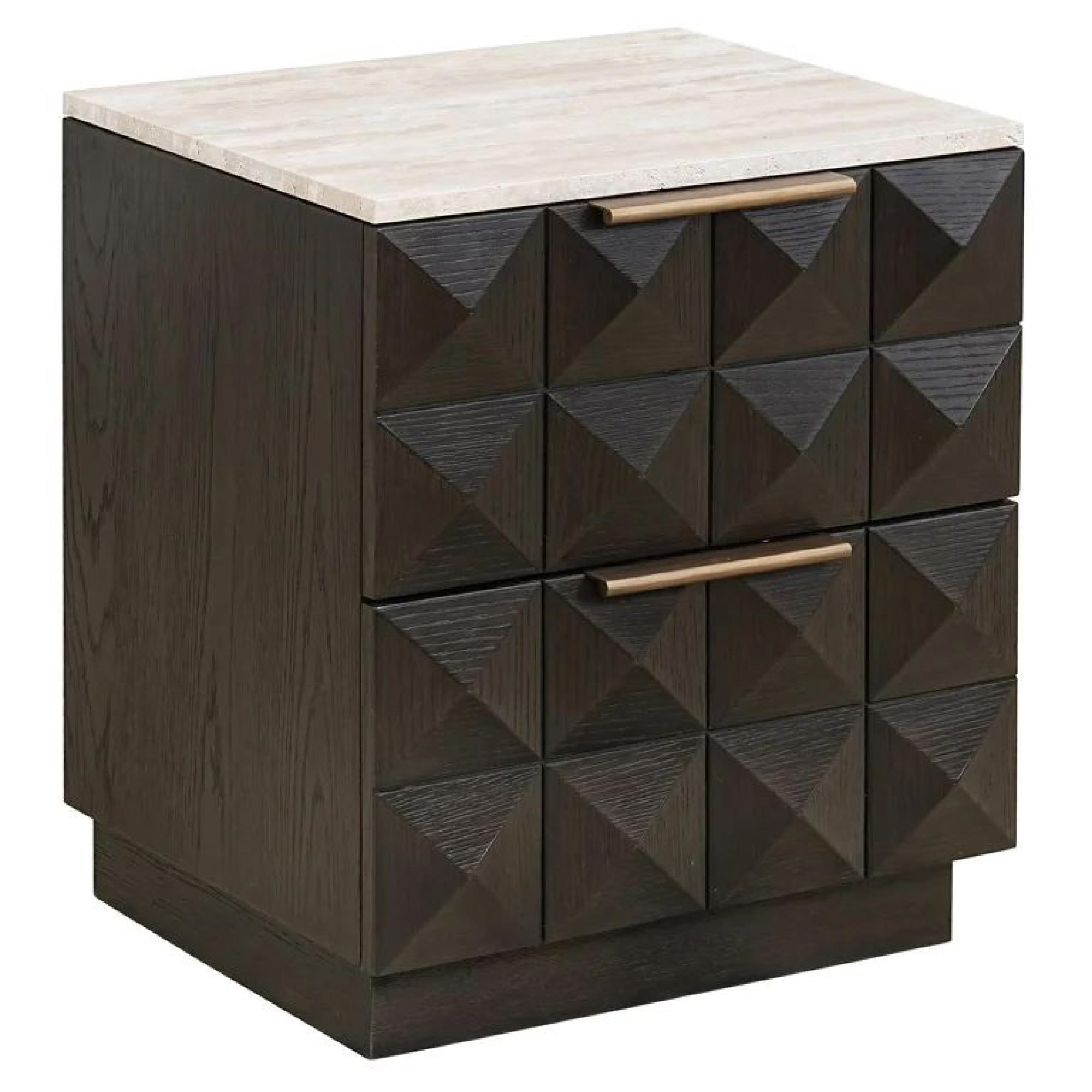 Product photograph of Claremont Dark Wood 2 Drawer Geometric Bedside Cabinet With Travertine Top from Choice Furniture Superstore.