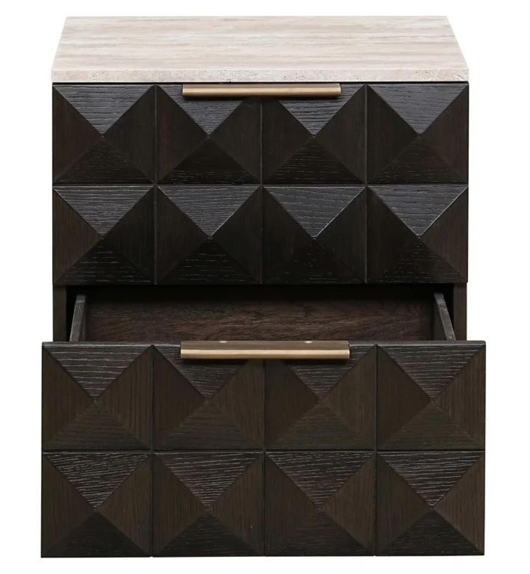 Product photograph of Claremont Dark Wood 2 Drawer Geometric Bedside Cabinet With Travertine Top from Choice Furniture Superstore.