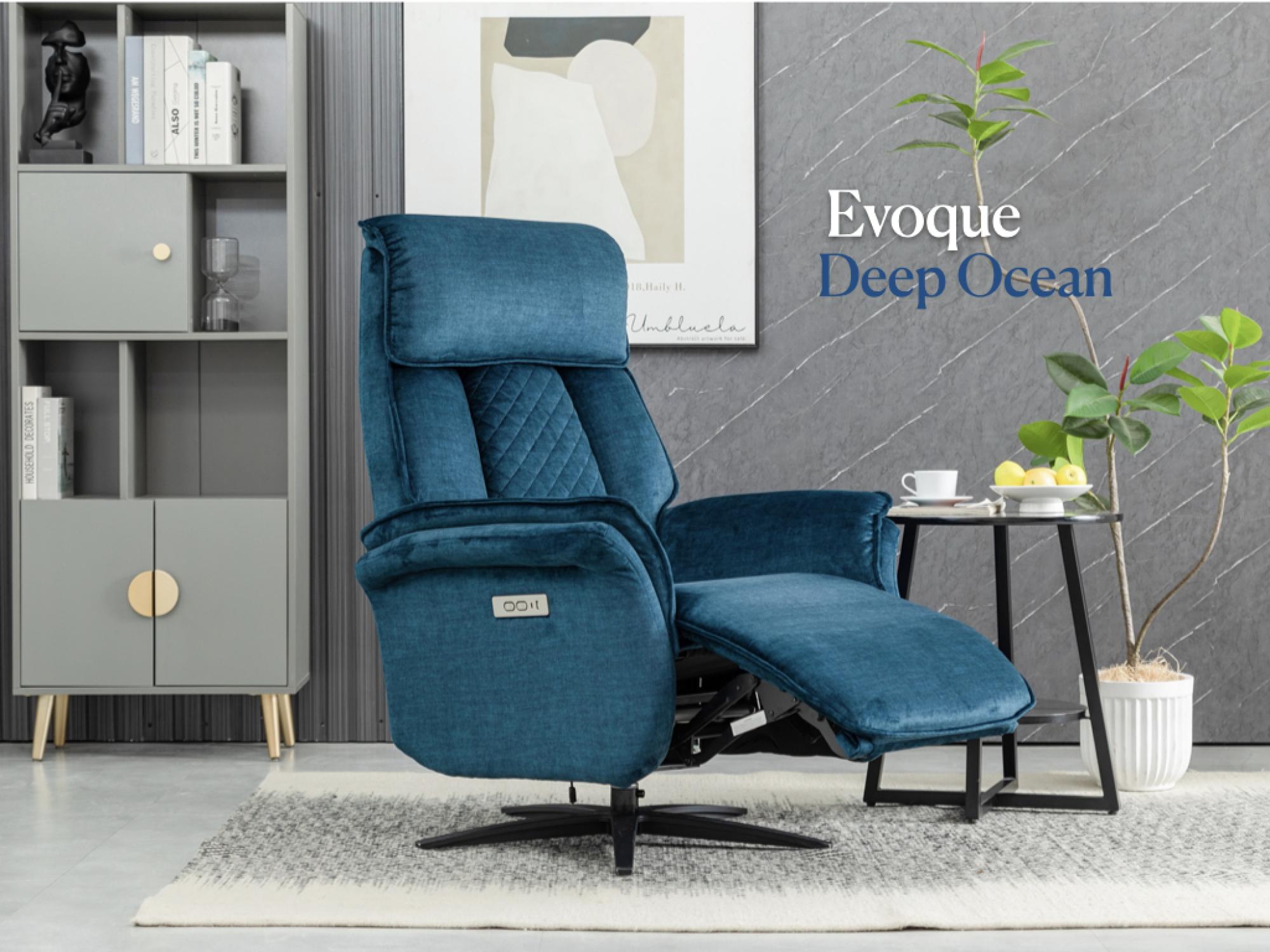 Product photograph of Evoque Blue Fabric Swivel Electic Recliner Armchair from Choice Furniture Superstore.
