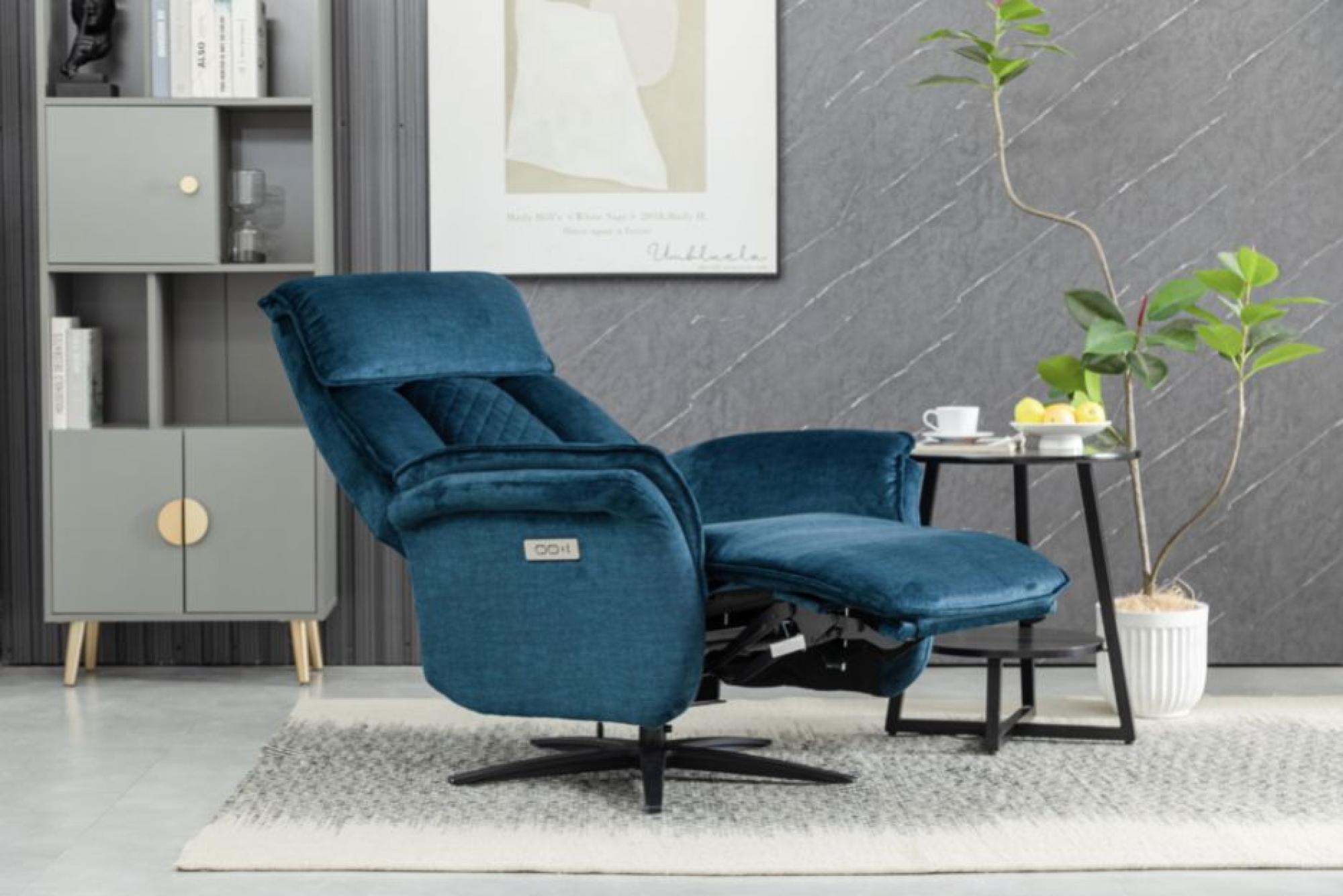 Product photograph of Evoque Blue Fabric Swivel Electic Recliner Armchair from Choice Furniture Superstore.