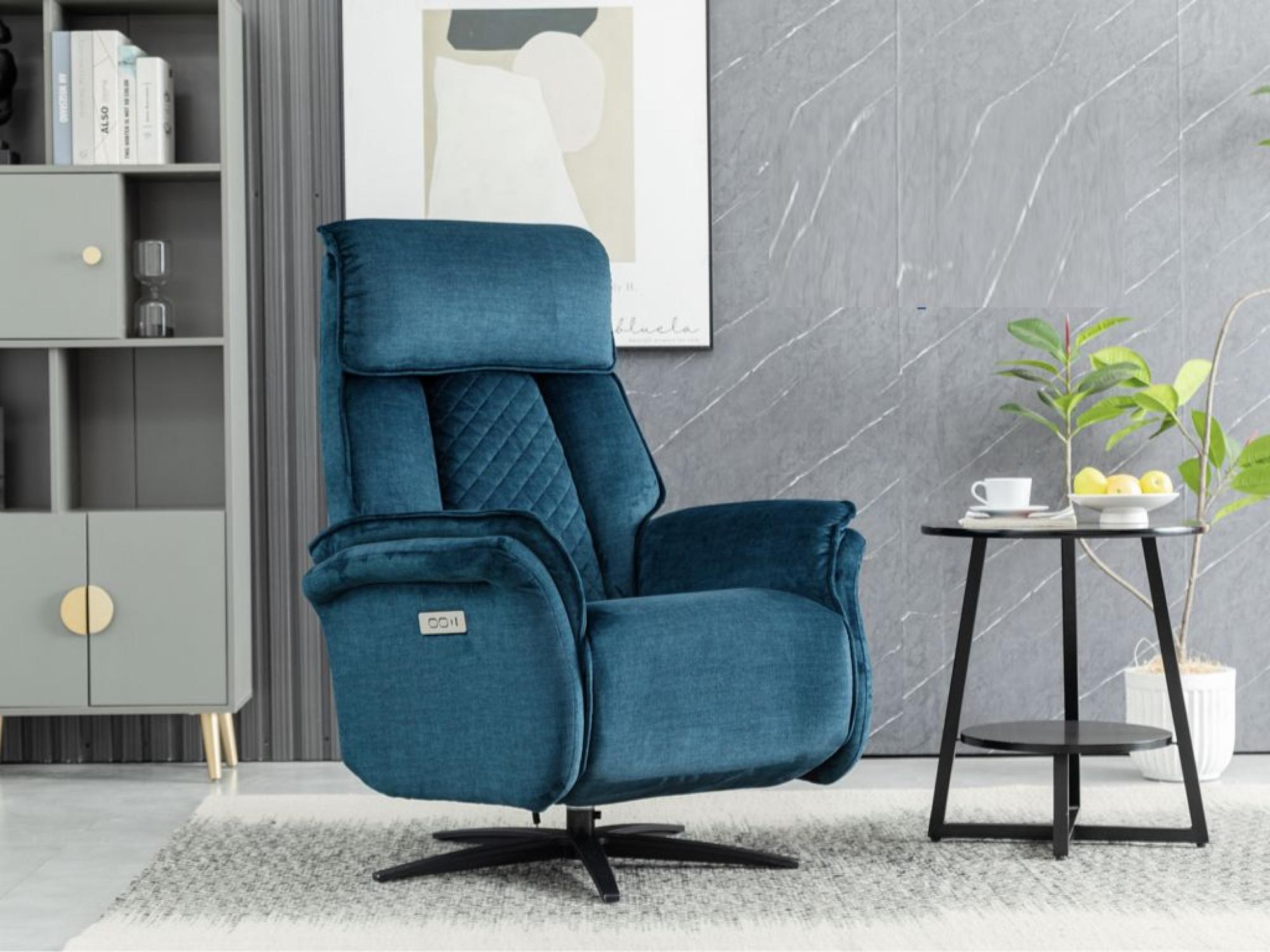 Product photograph of Evoque Blue Fabric Swivel Electic Recliner Armchair from Choice Furniture Superstore.