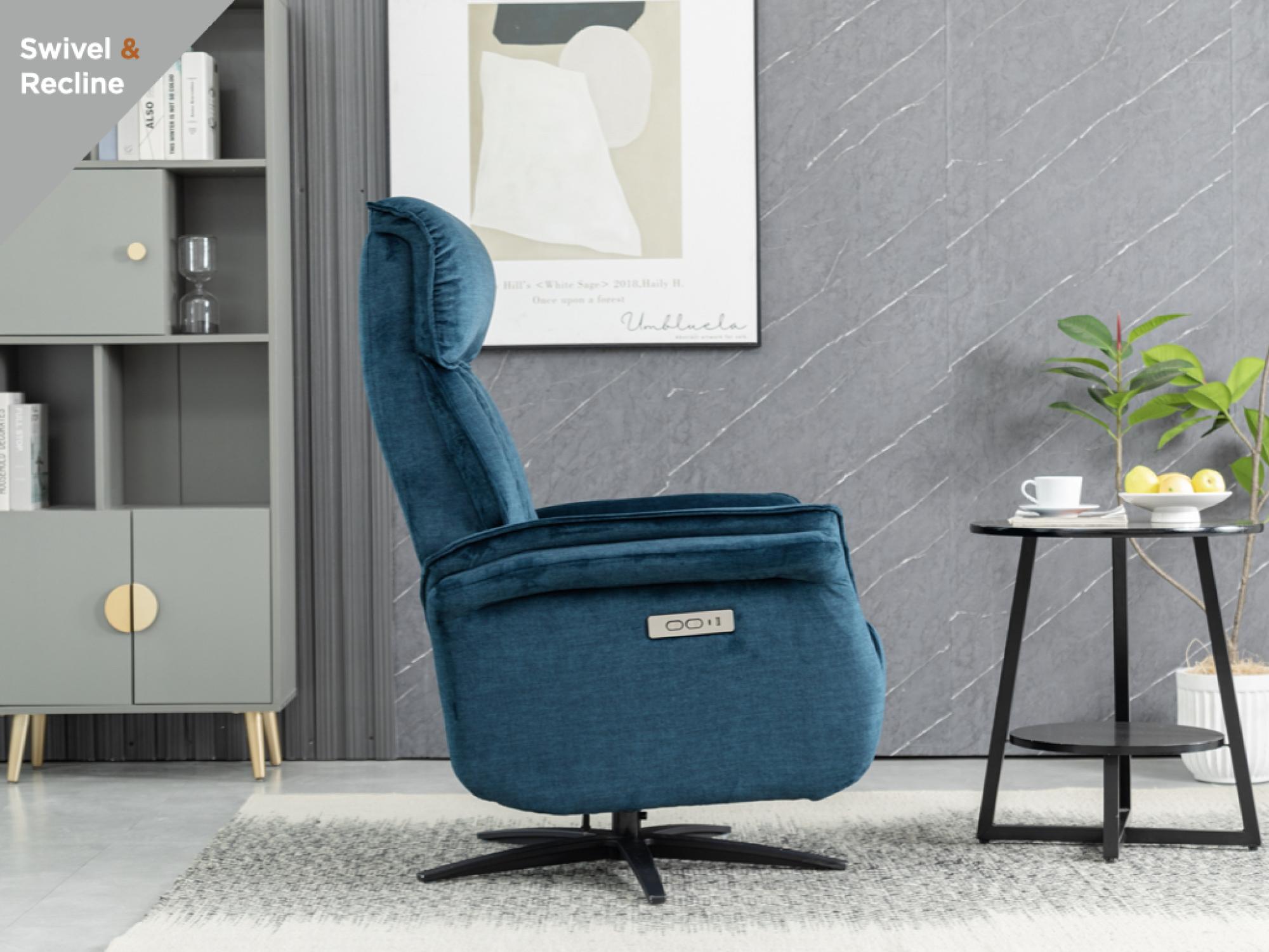 Product photograph of Evoque Blue Fabric Swivel Electic Recliner Armchair from Choice Furniture Superstore.