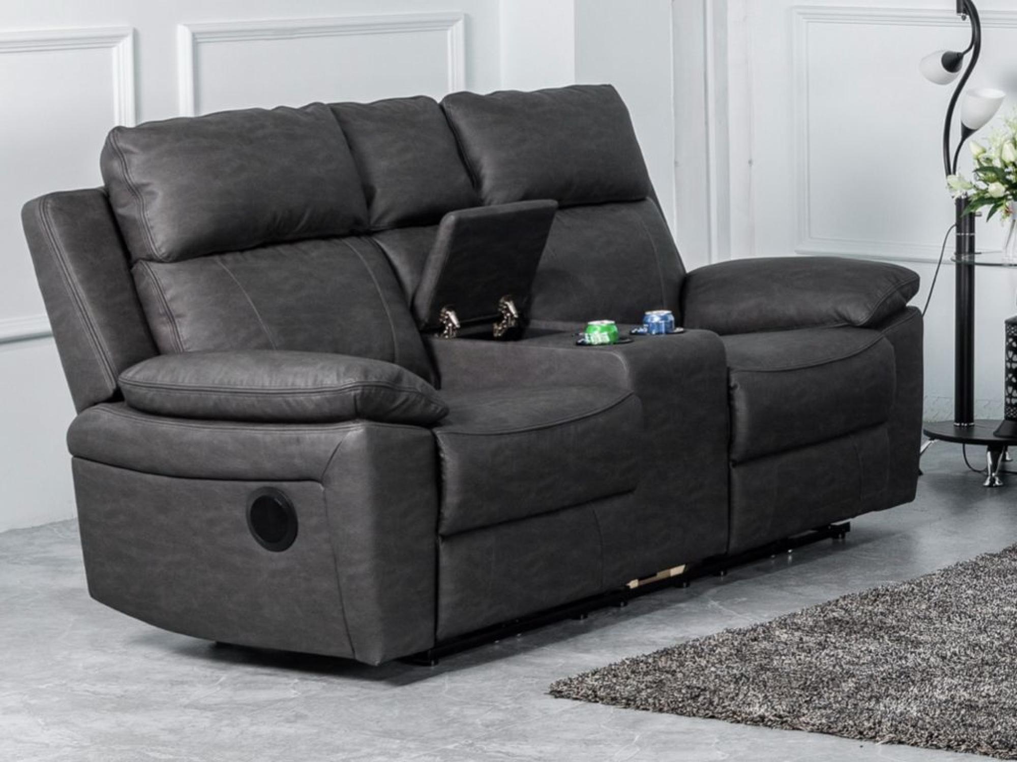 Product photograph of Huntington Dark Grey Leather Look Fabric Electric Recliner 2 Seater Sofa With Console from Choice Furniture Superstore.