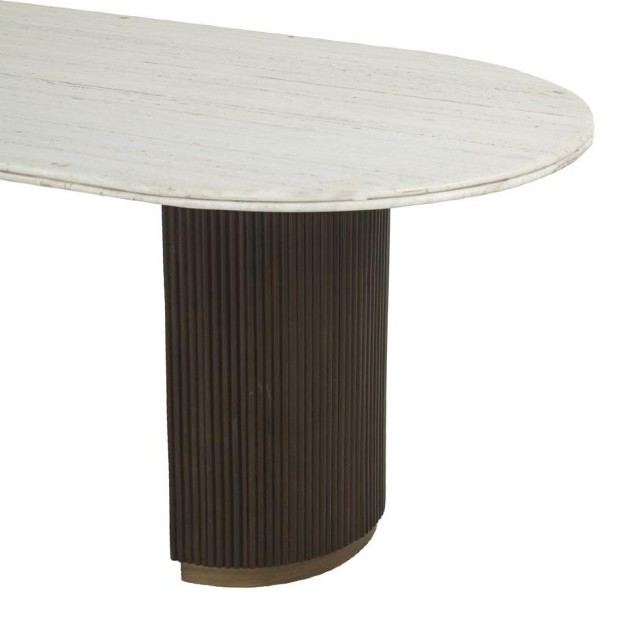 Product photograph of Mayfield White Marble Top 8 Seater Oval Dining Table - Dark Wood Fluted Pedestal Base from Choice Furniture Superstore.