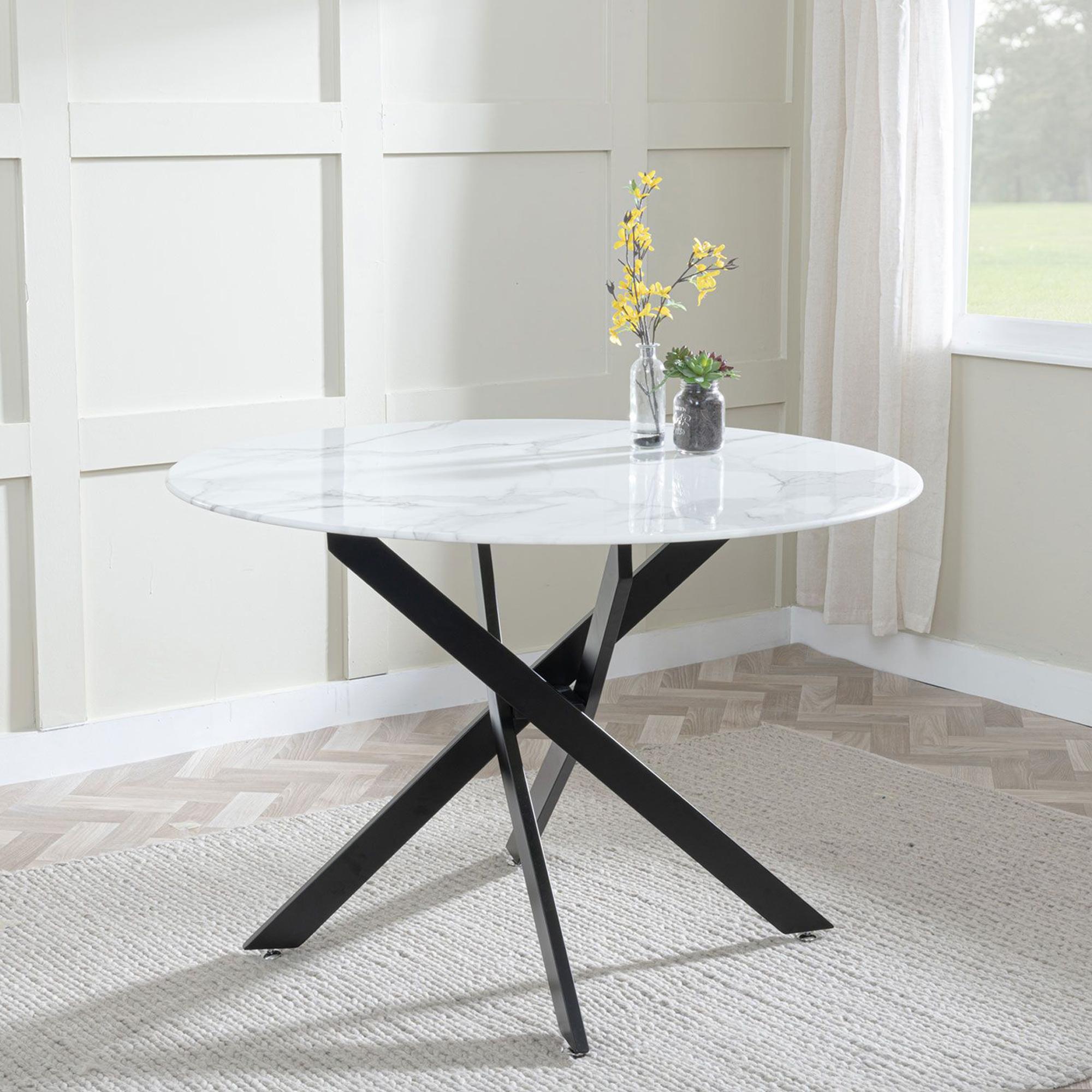 Product photograph of Chopstick White Glass And Black Metal 4 Seater Round Dining Set - 4 Corona Beige Fabric Chairs from Choice Furniture Superstore.