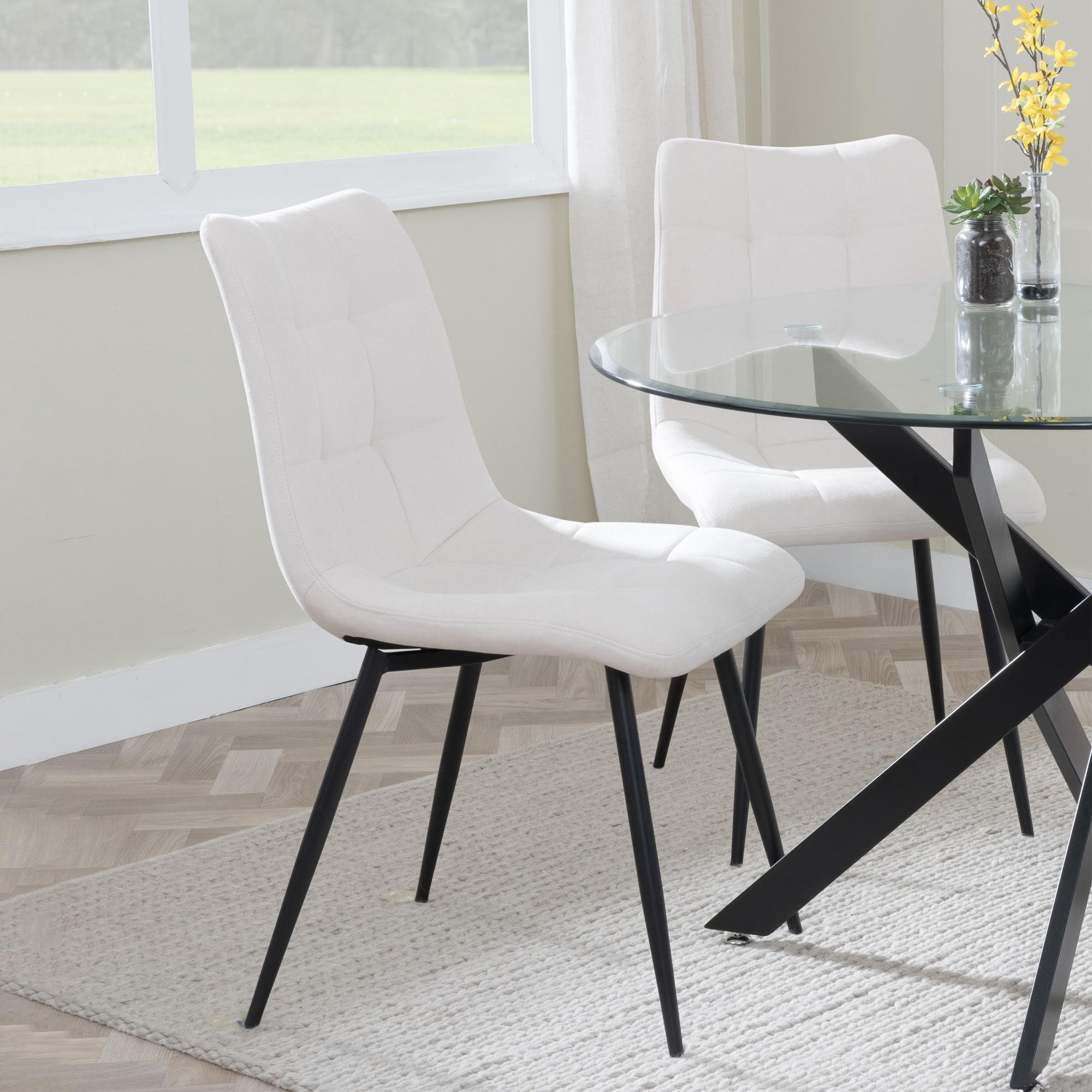 Product photograph of Chopstick White Glass And Black Metal 4 Seater Round Dining Set - 4 Corona Beige Fabric Chairs from Choice Furniture Superstore.