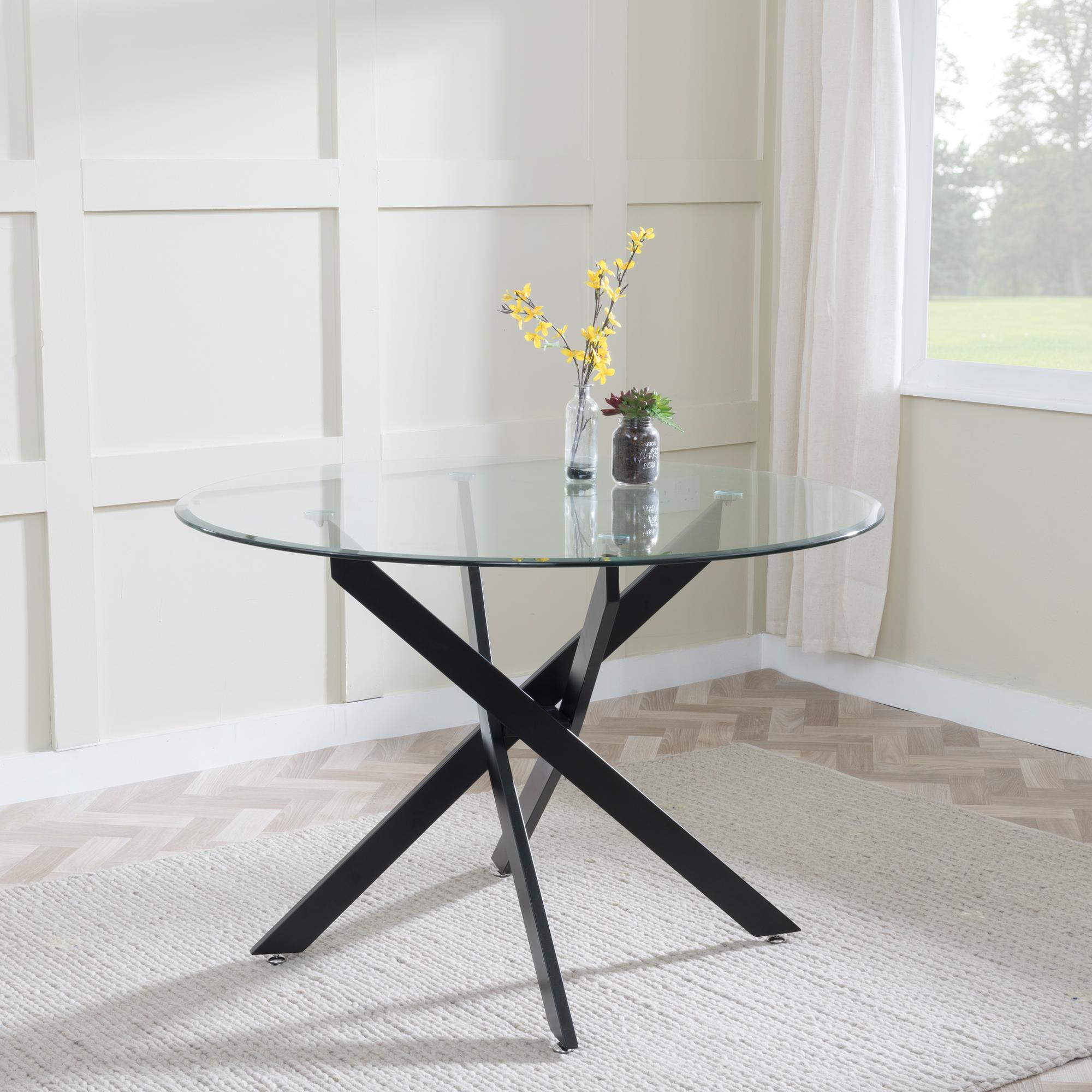 Product photograph of Chopstick Clear Glass And Black Metal 4 Seater Round Dining Set - 4 Corona Beige Fabric Chairs from Choice Furniture Superstore.