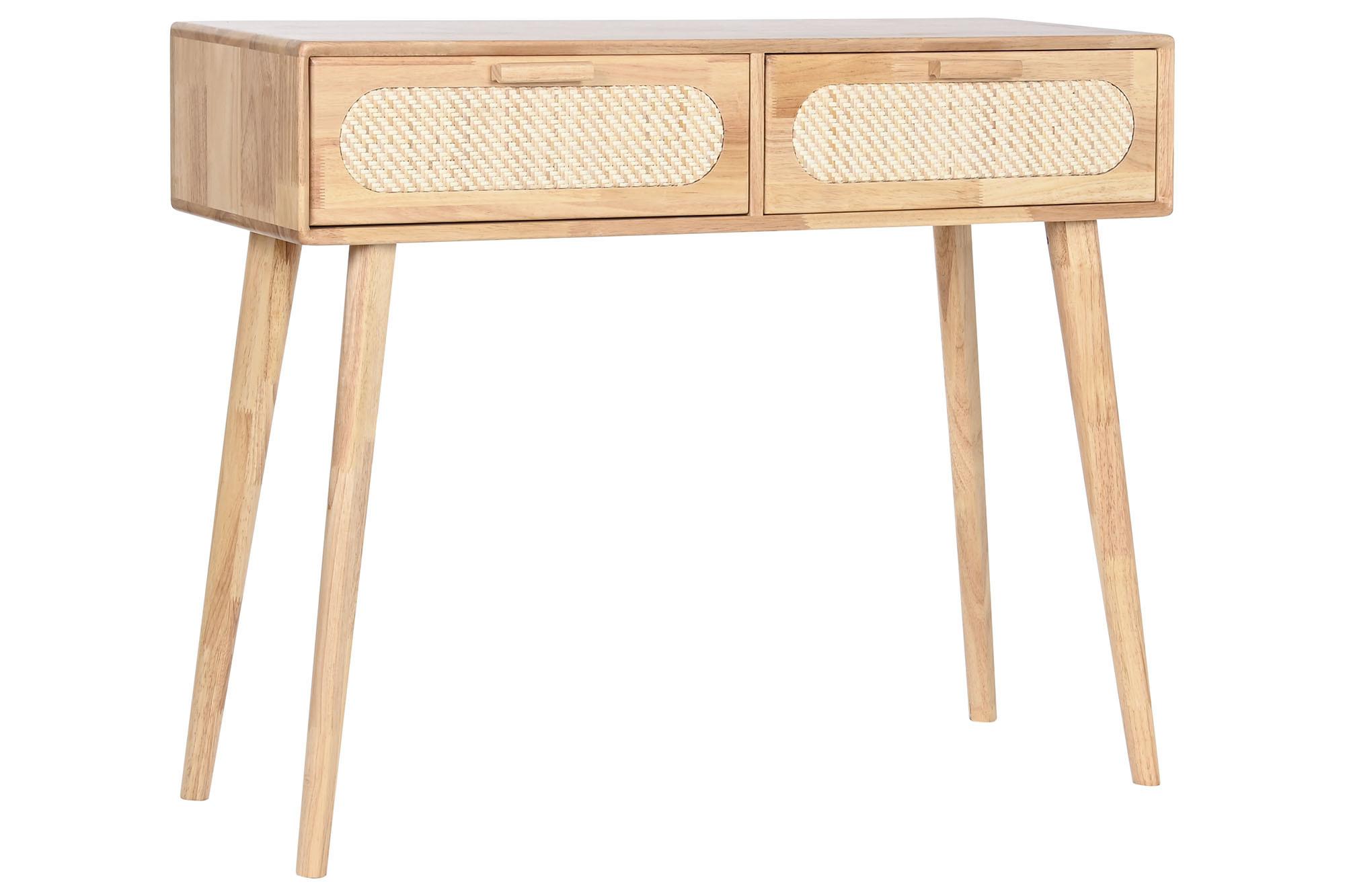 Product photograph of Scandi Rubberwood Rattan 2 Drawer Console Table from Choice Furniture Superstore.