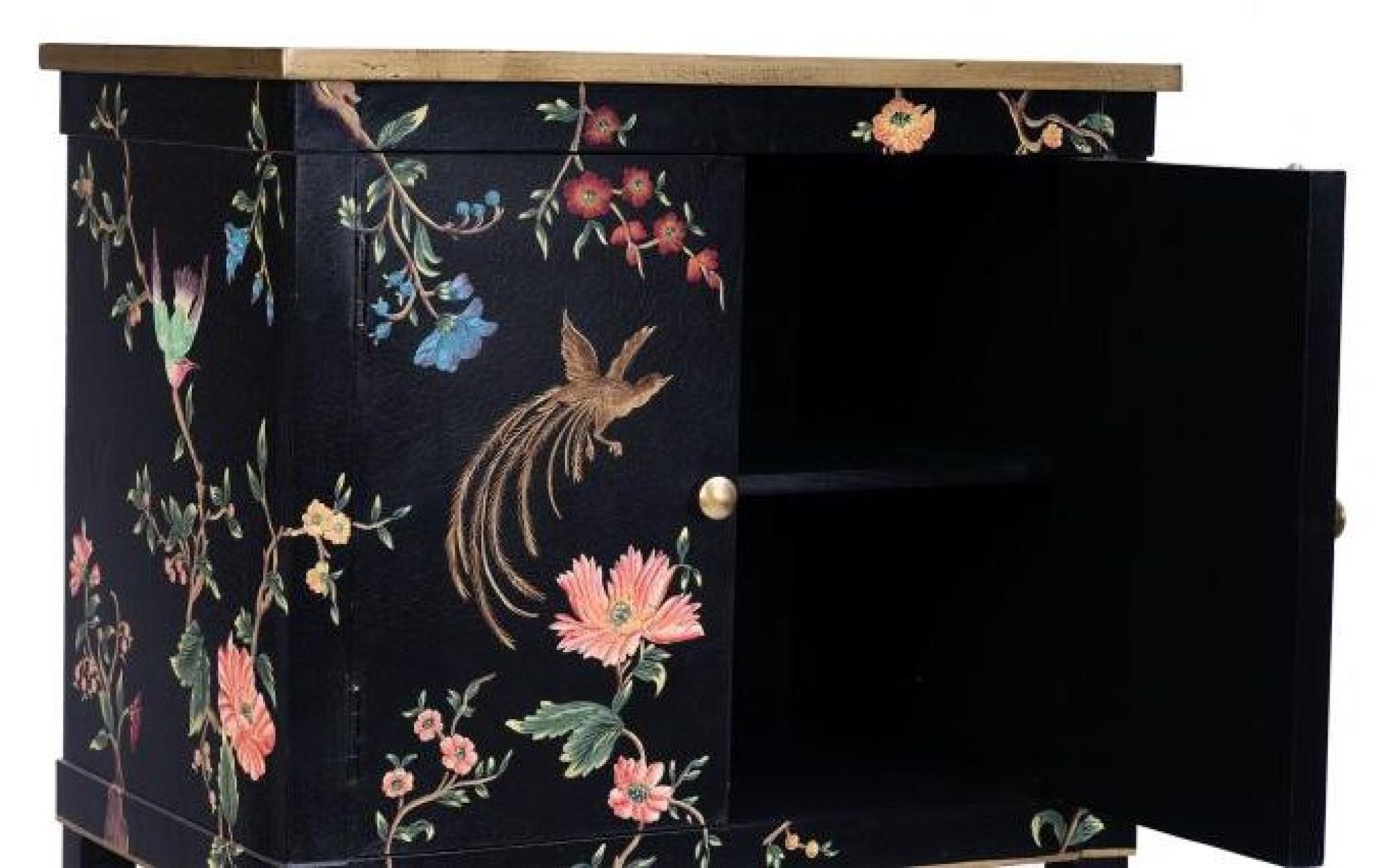 Product photograph of Meerut Black Lyre Bird Design 2 Door Bedside Cabinet from Choice Furniture Superstore.