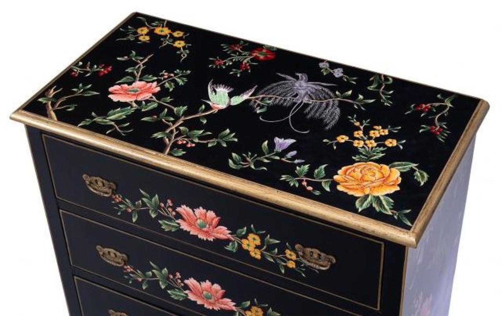 Product photograph of Meerut Black Lyre Bird Design 3 Drawer Small Chest from Choice Furniture Superstore.