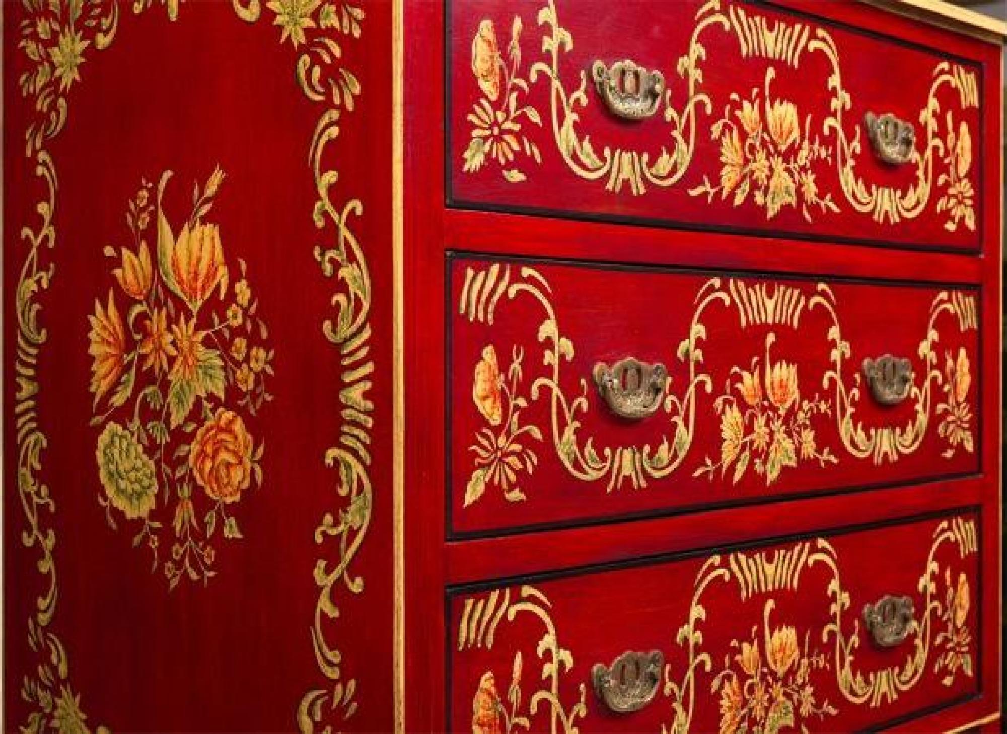 Product photograph of Meerut Red Floral Design 3 Drawer Small Chest from Choice Furniture Superstore.