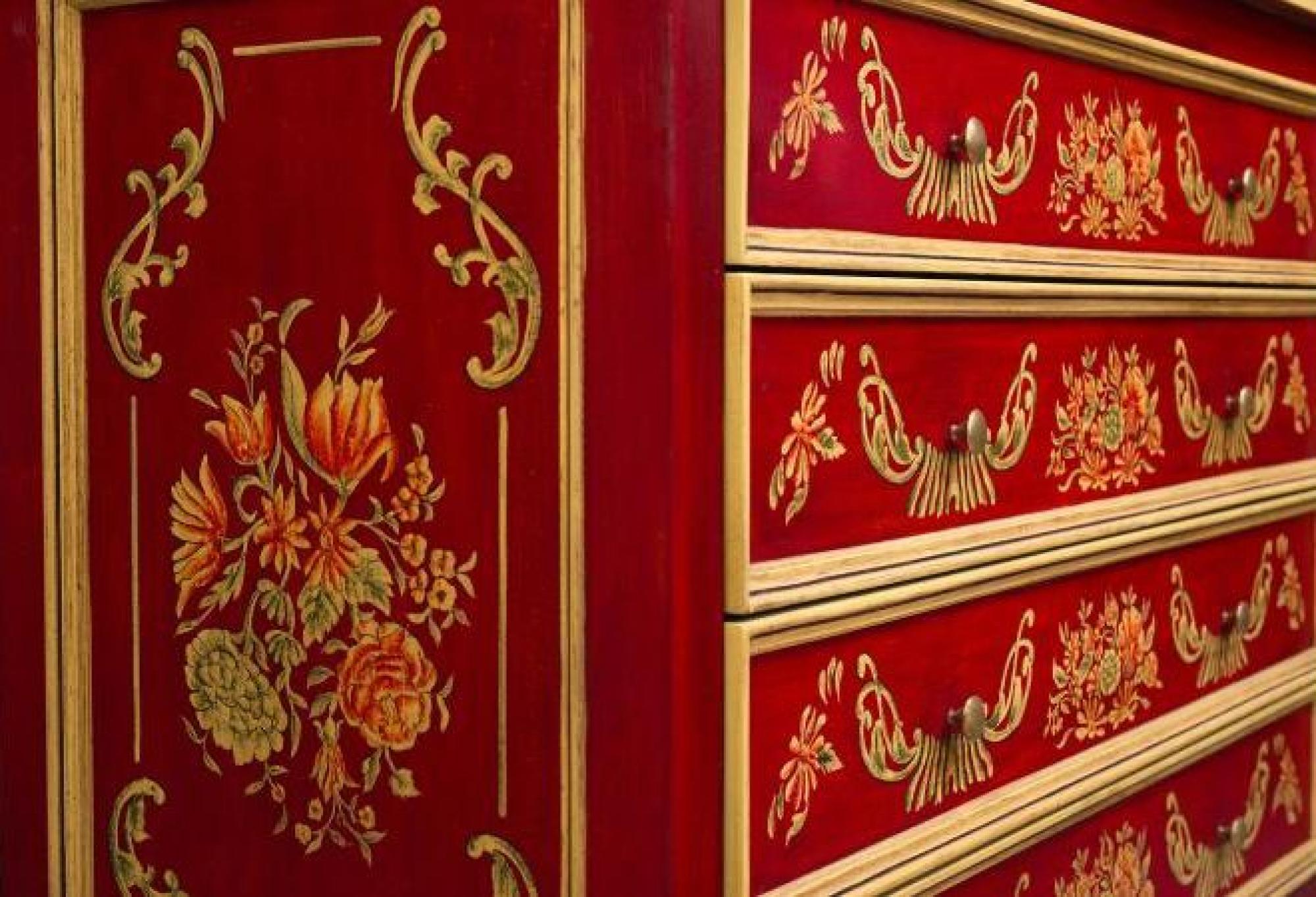 Product photograph of Meerut Red Floral Design 4 Drawer Chest from Choice Furniture Superstore.