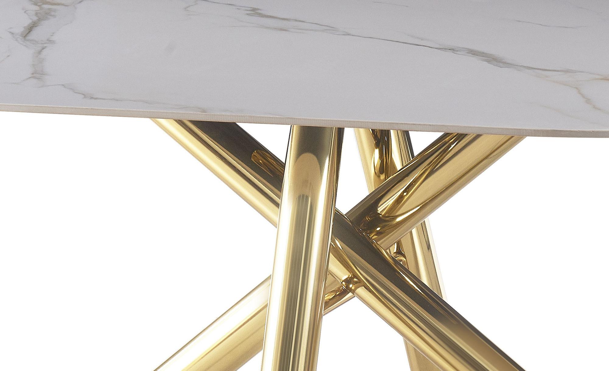 Product photograph of Chic White Ceramic 8 Seater Oval Dining Table With Gold Metal Chopstick Legs from Choice Furniture Superstore.