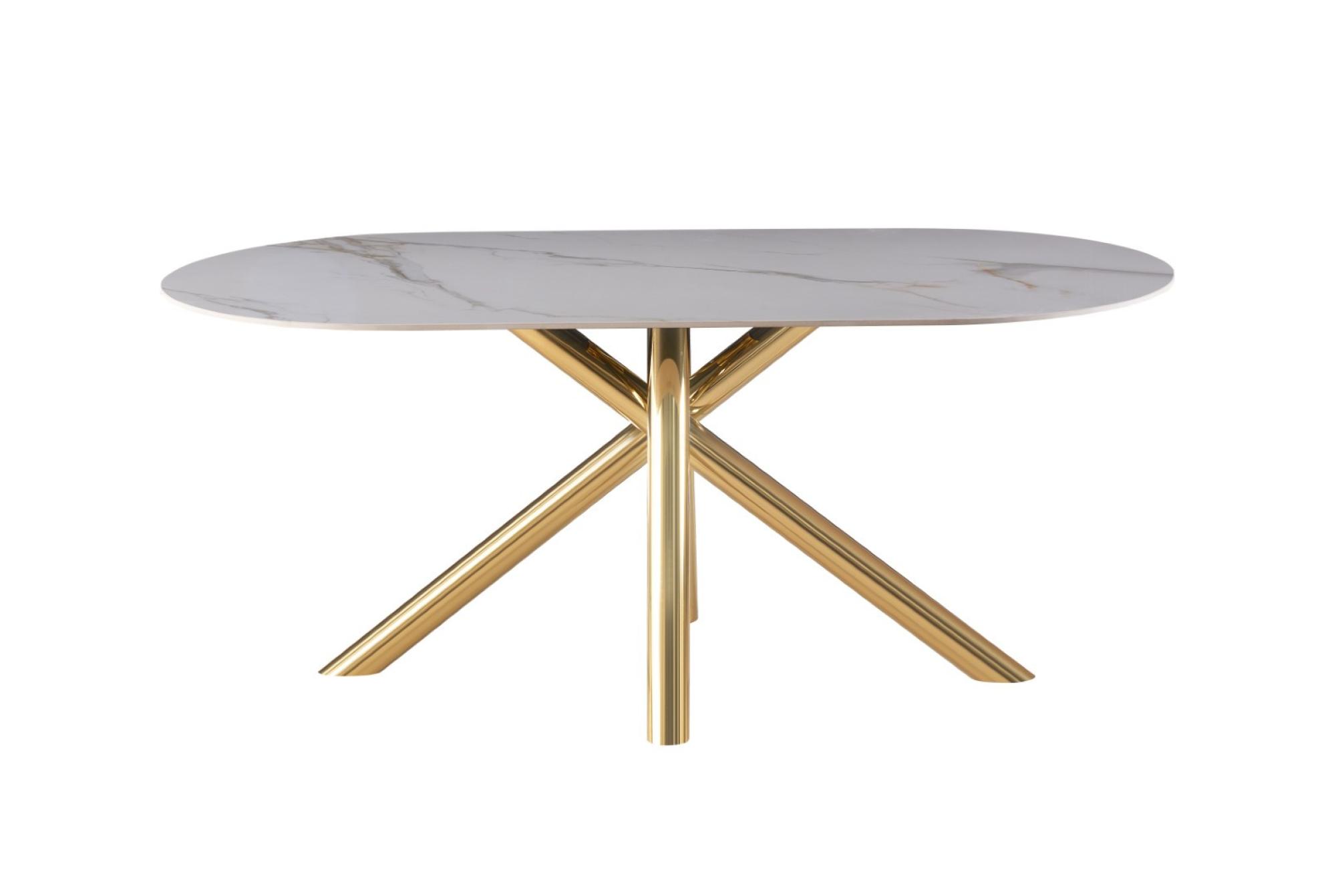 Product photograph of Chic White Ceramic 8 Seater Oval Dining Table With Gold Metal Chopstick Legs from Choice Furniture Superstore.