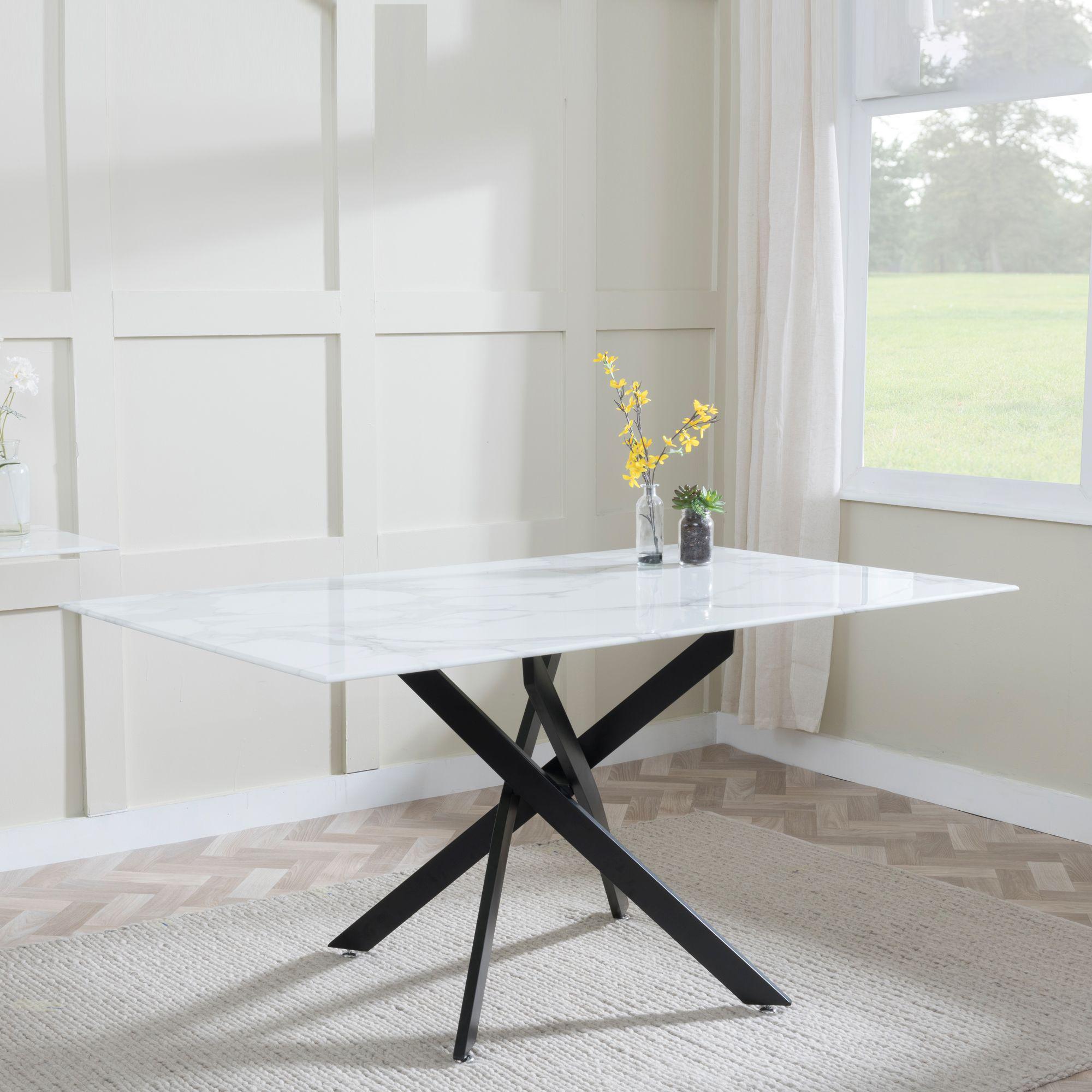 Product photograph of Chopstick White Glass And Black Metal Dining Set - Corona Orange Fabric Chairs from Choice Furniture Superstore.