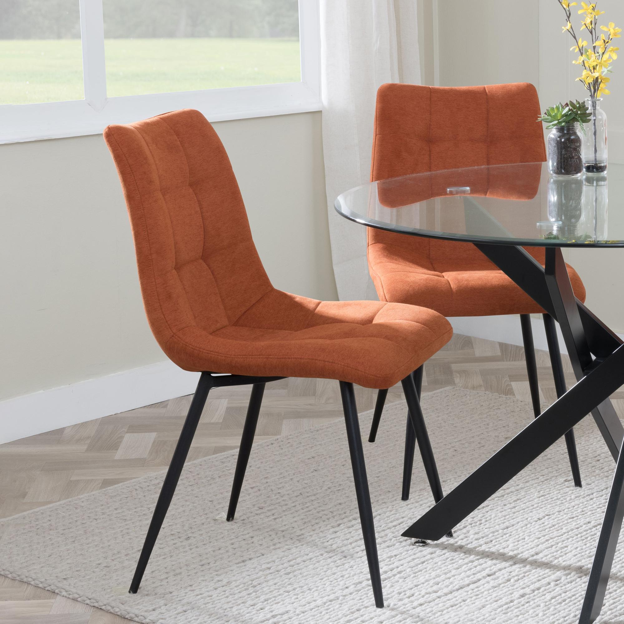 Product photograph of Chopstick White Glass And Black Metal Dining Set - Corona Orange Fabric Chairs from Choice Furniture Superstore.