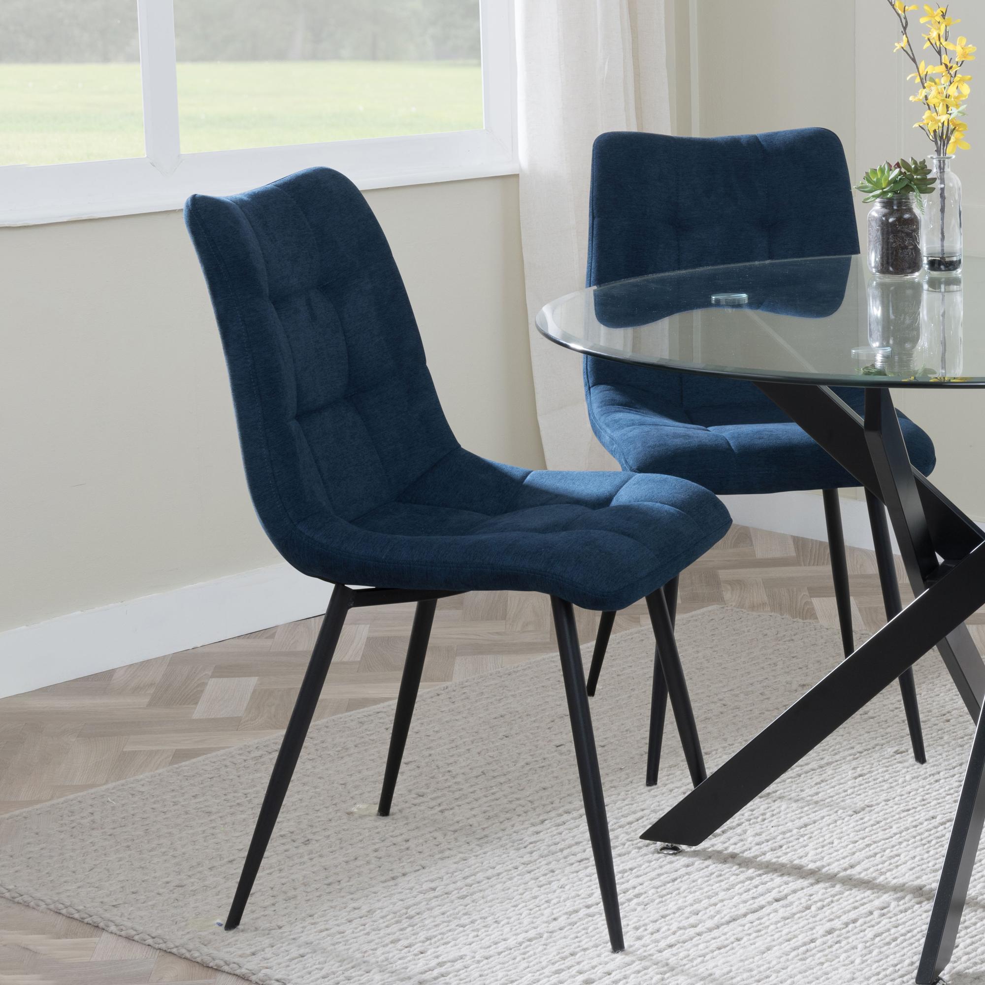 Product photograph of Chopstick Grey Glass And Black Metal Dining Set - Corona Blue Fabric Chairs from Choice Furniture Superstore.