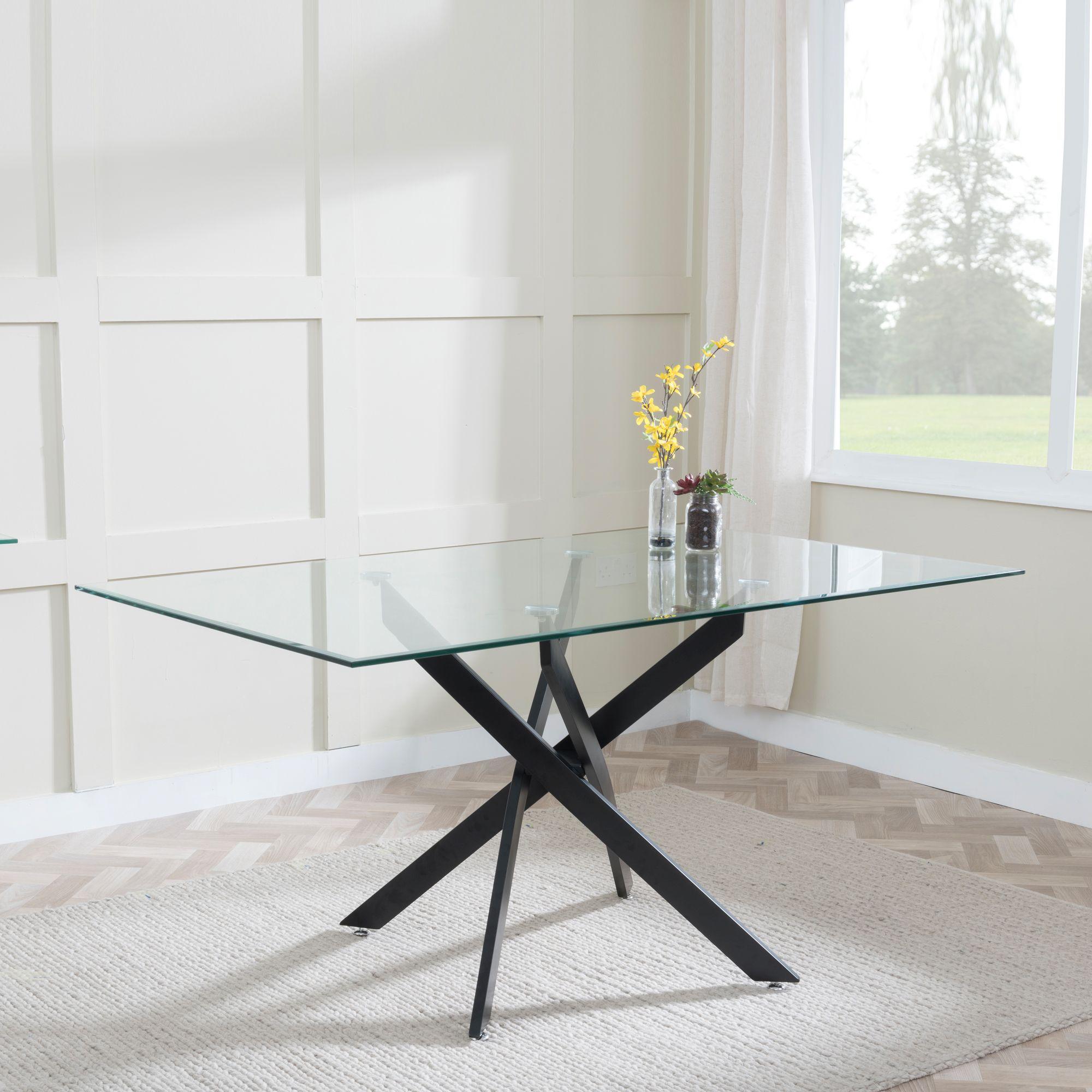 Product photograph of Chopstick Clear Glass And Black Metal Dining Set - Corona Camel Fabric Chairs from Choice Furniture Superstore.