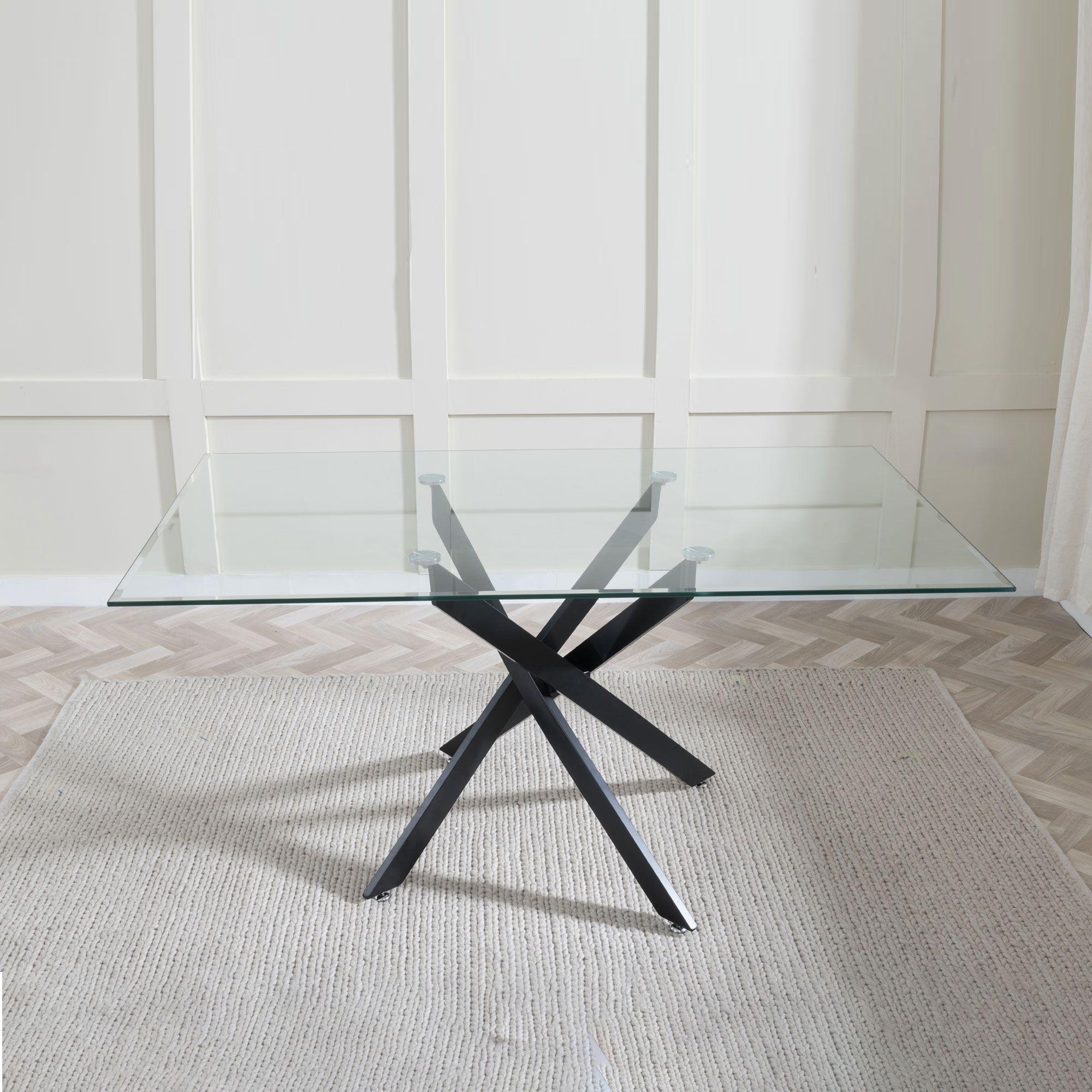 Product photograph of Chopstick Clear Glass And Black Metal Dining Set - Corona Camel Fabric Chairs from Choice Furniture Superstore.