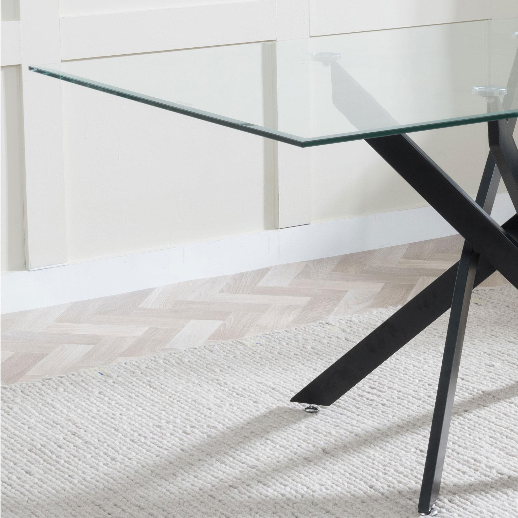 Product photograph of Chopstick Clear Glass And Black Metal Dining Set - Corona Camel Fabric Chairs from Choice Furniture Superstore.