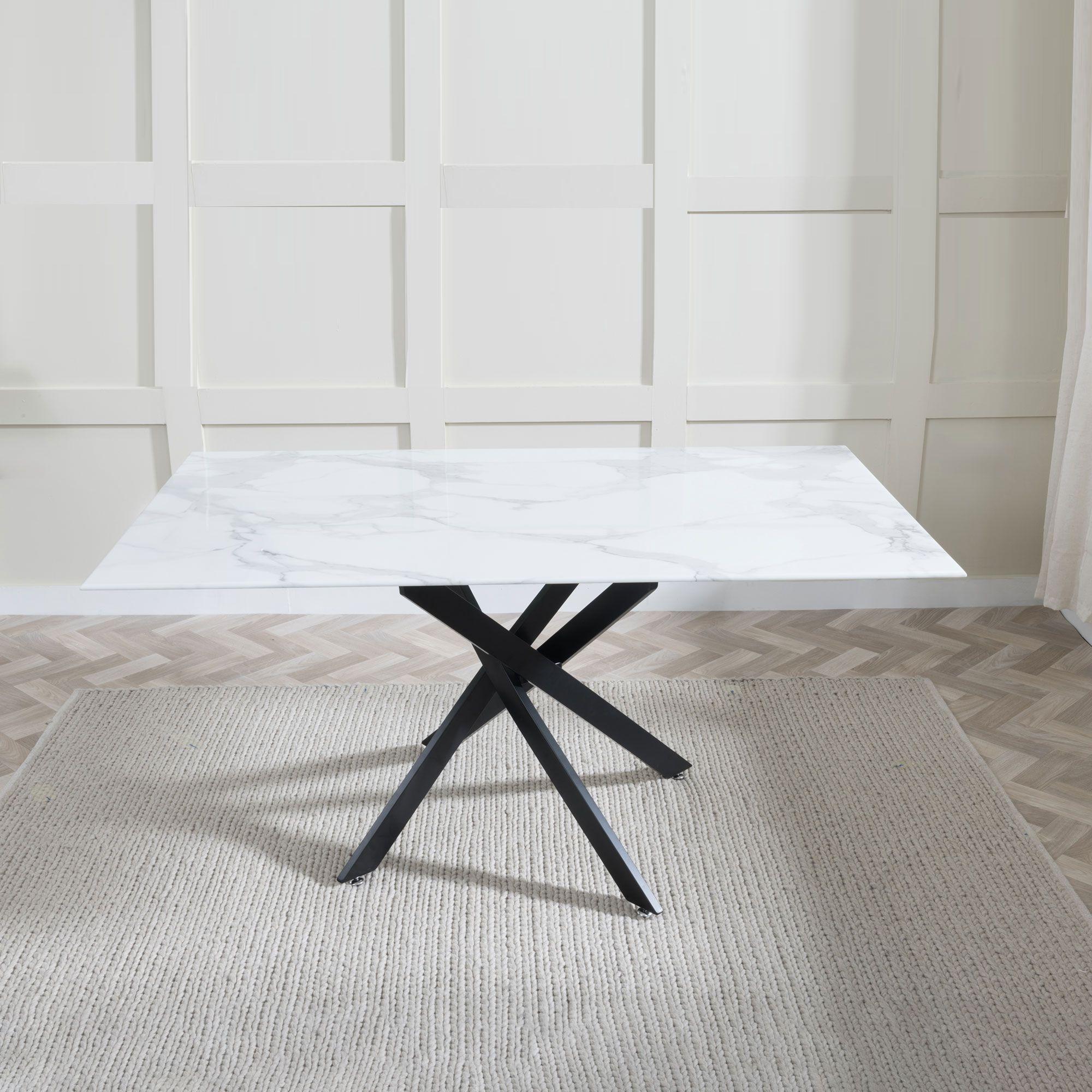 Product photograph of Chopstick White Glass And Black Metal Dining Set - Lido Blue Fabric Chairs With Black Legs from Choice Furniture Superstore.