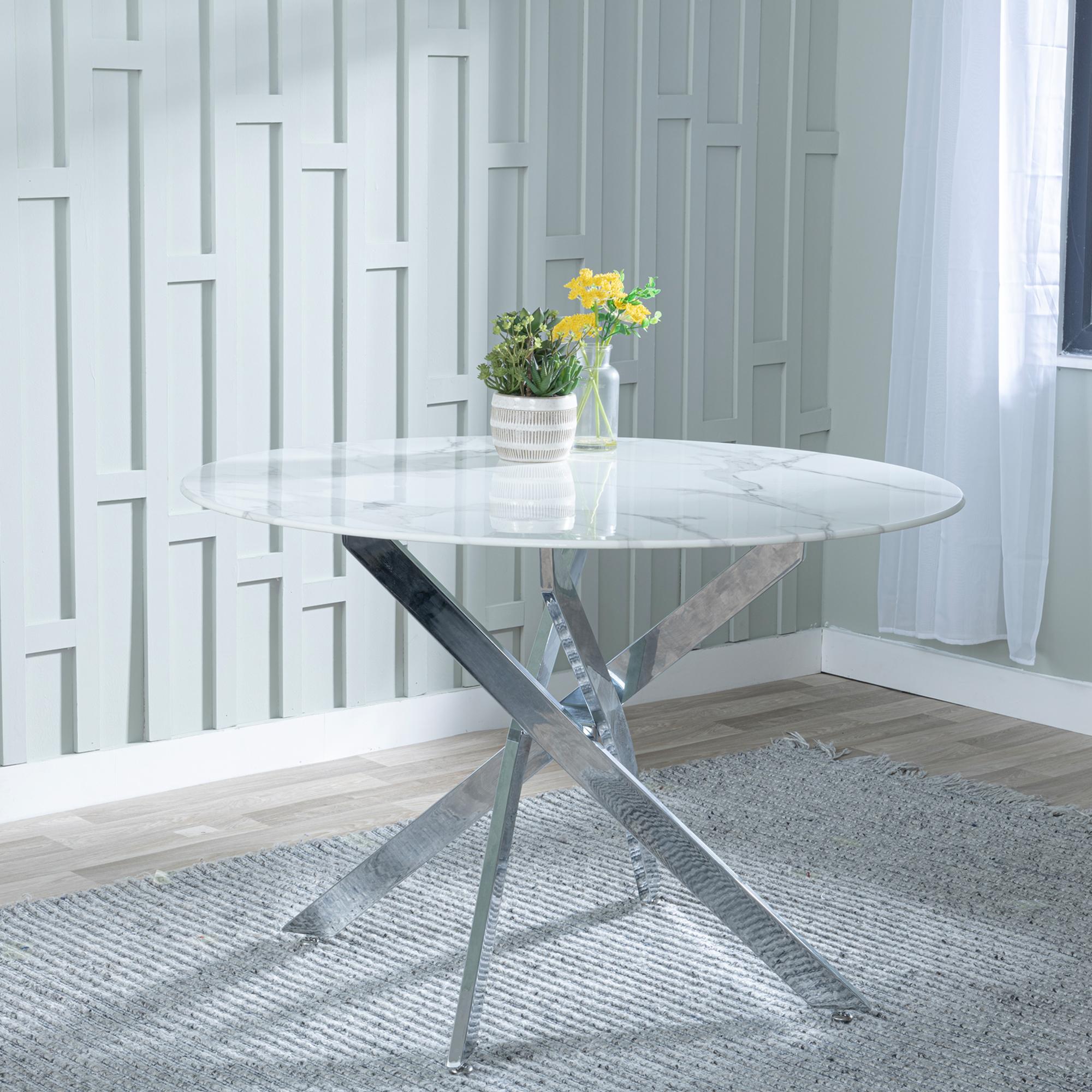 Product photograph of Chopstick White Glass And Chrome Metal 4 Seater Round Dining Set - 4 Metro Grey Leather Chairs With Chrome Legs from Choice Furniture Superstore.