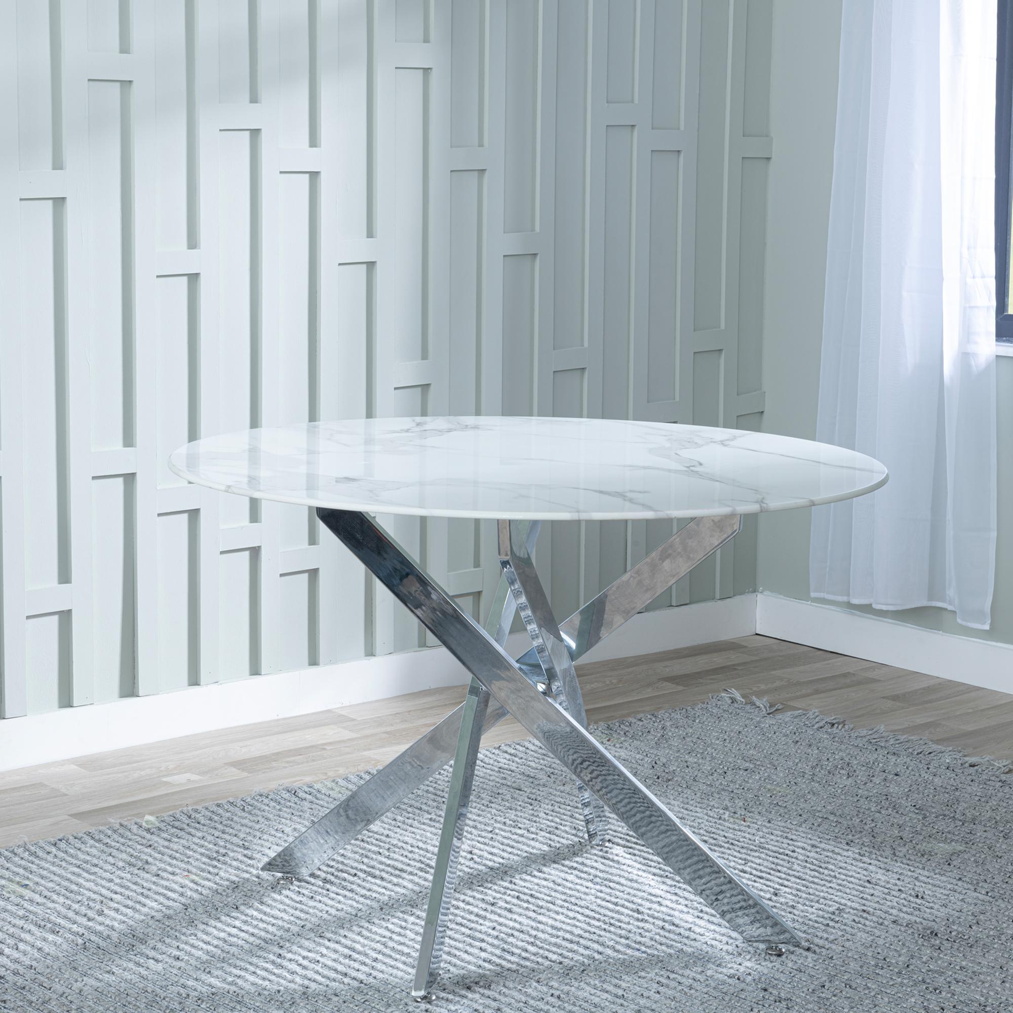 Product photograph of Chopstick White Glass And Chrome Metal 4 Seater Round Dining Set - 4 Metro Grey Leather Chairs With Chrome Legs from Choice Furniture Superstore.