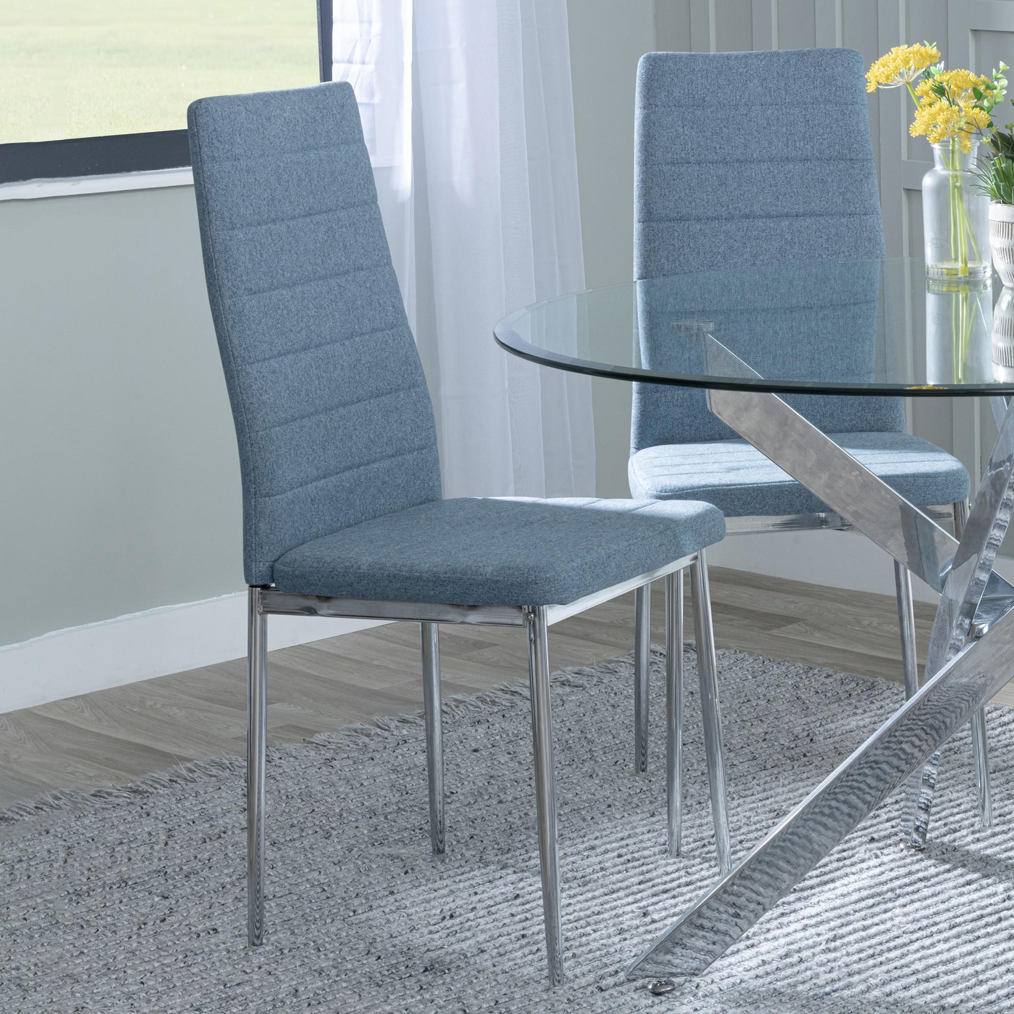 Product photograph of Chopstick Grey Glass And Chrome Metal 4 Seater Round Dining Set - 2 Lido Blue Fabric Chairs With Chrome Legs - Get 2 Chairs Free from Choice Furniture Superstore.