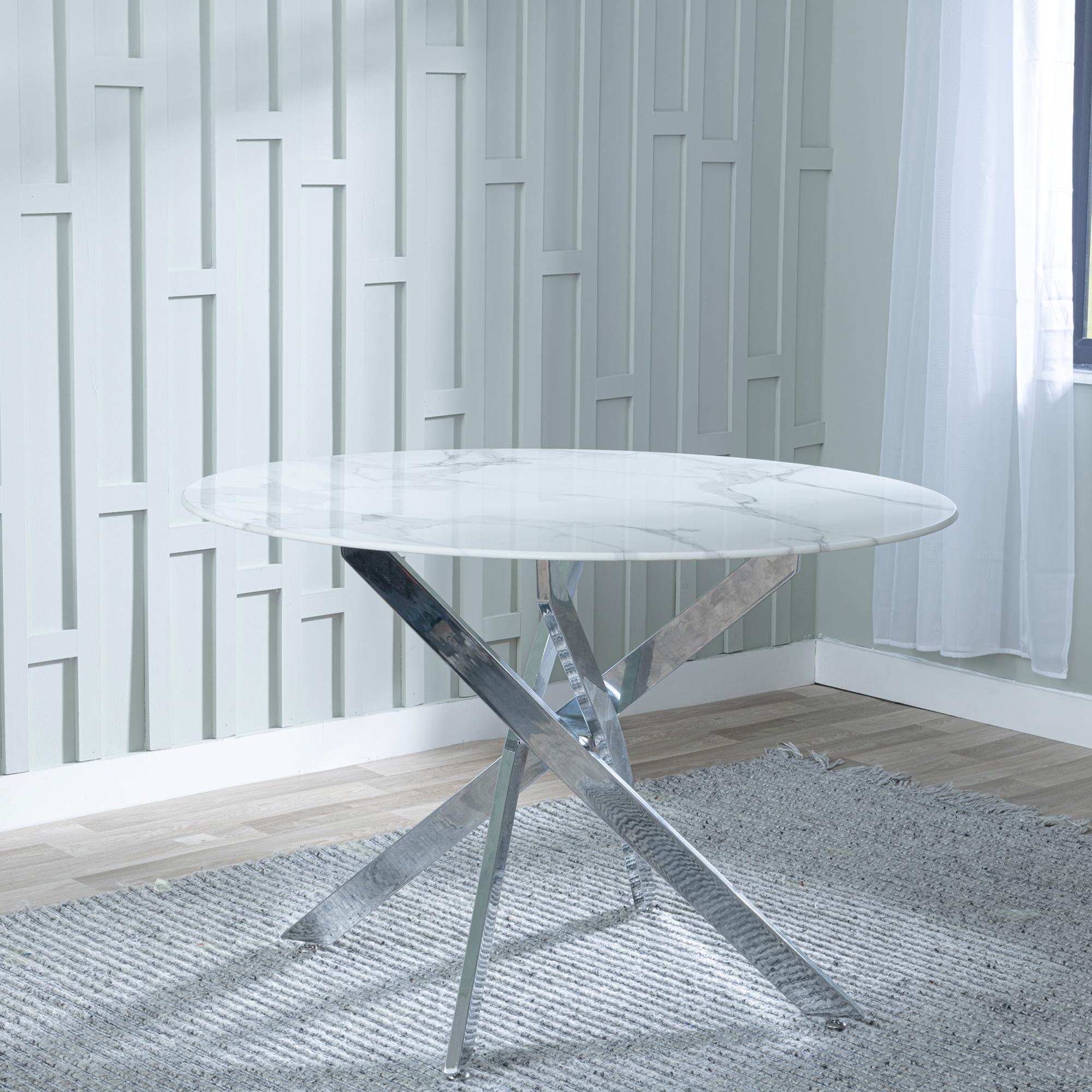 Product photograph of Chopstick White Glass And Chrome Metal 4 Seater Round Dining Set - 4 Bianco Grey Faux Leather Dining Chair from Choice Furniture Superstore.